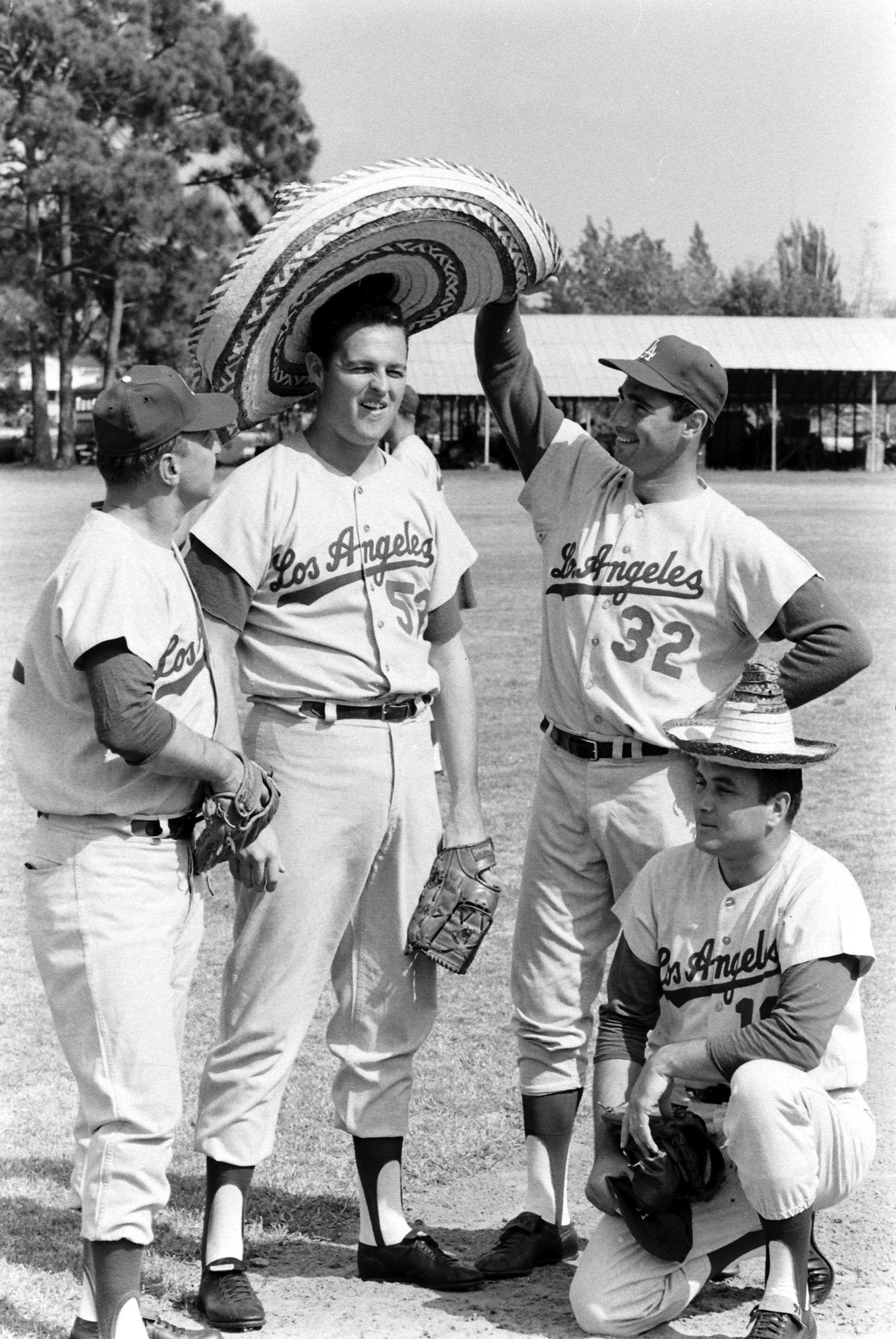 Sandy Koufax (number 32) clowning around with his teammates.