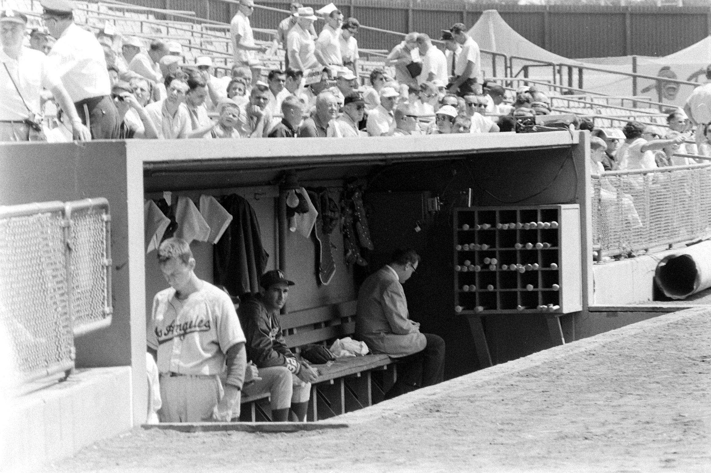 Los Angeles Dodgers pitcher Sandy Koufax in the dugout during a game against the Milwaukee Braves, 1963.