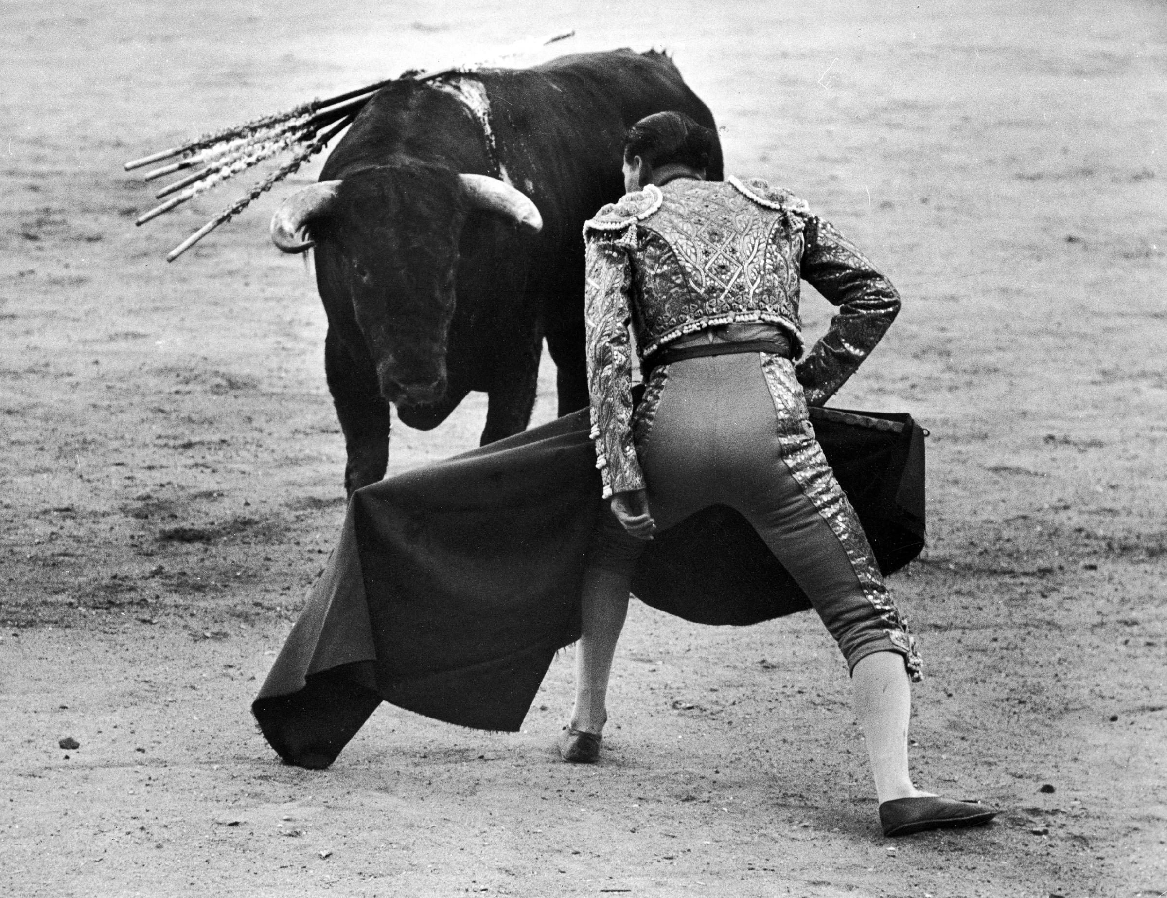 Matador Julian Marin and bull in the ring for a bullfight during the festival of San Fermín.