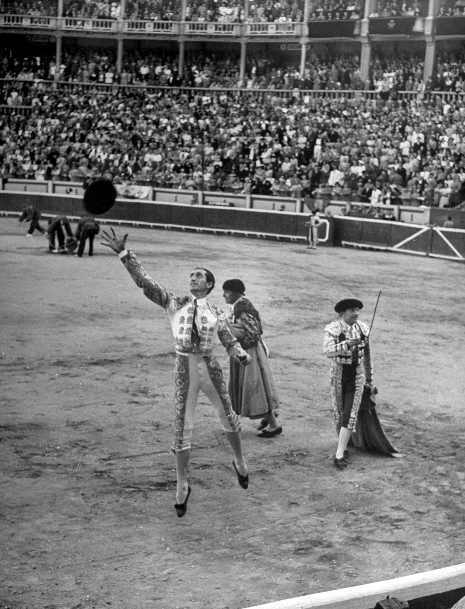 Matador Julian Marin acknowledging the crowd after a masterful performance during a bullfight held during celebration of the festival of San Fermín.