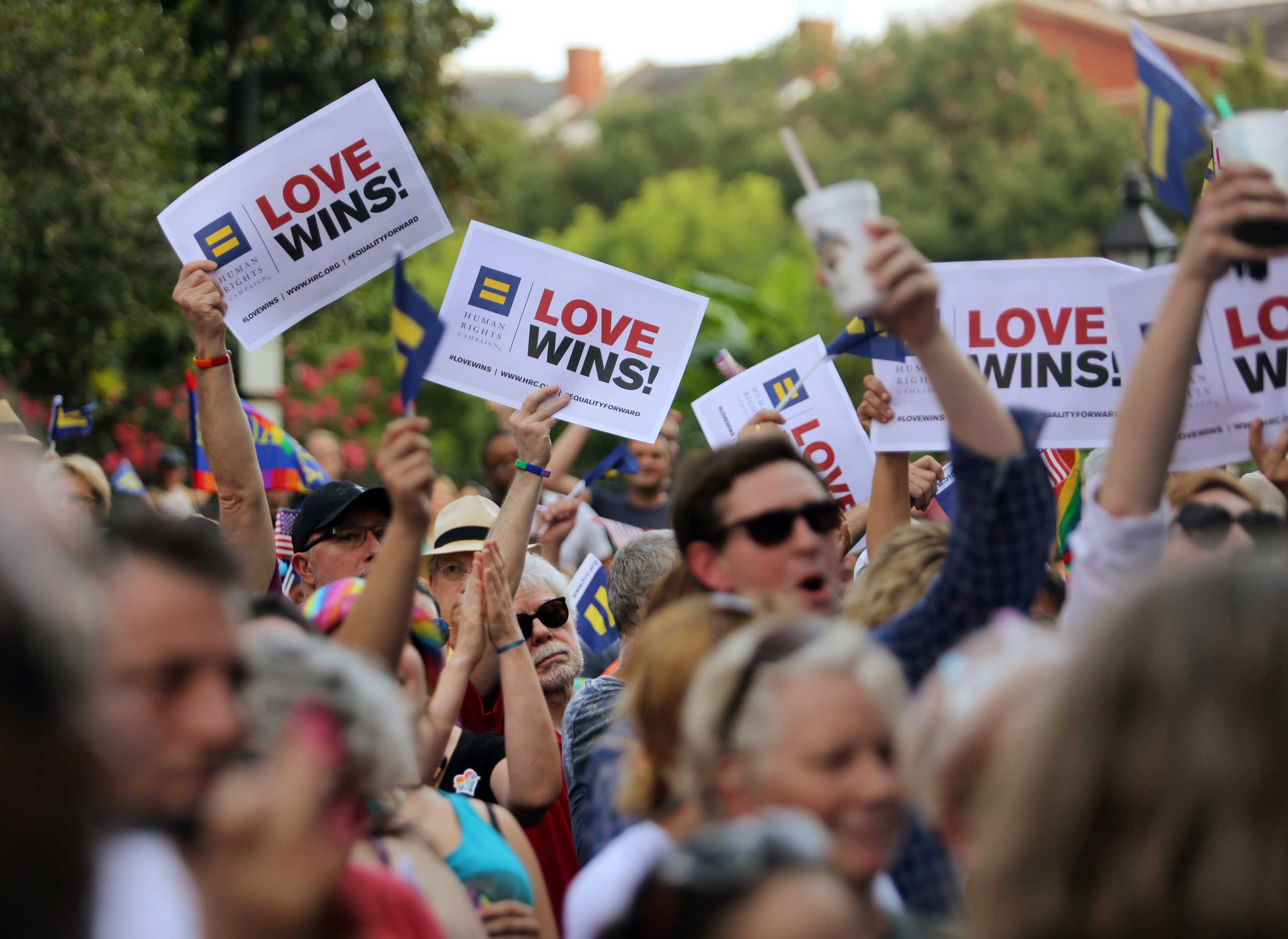 A rally was held in reaction to the Supreme Court legalizing gay marriage in all 50 states by the Forum for Equality, the Human Rights Campaign and the ACLU in Jackson Square on June 26, 2015. (Kathleen Flynn — The Times-Picayune /Landov)