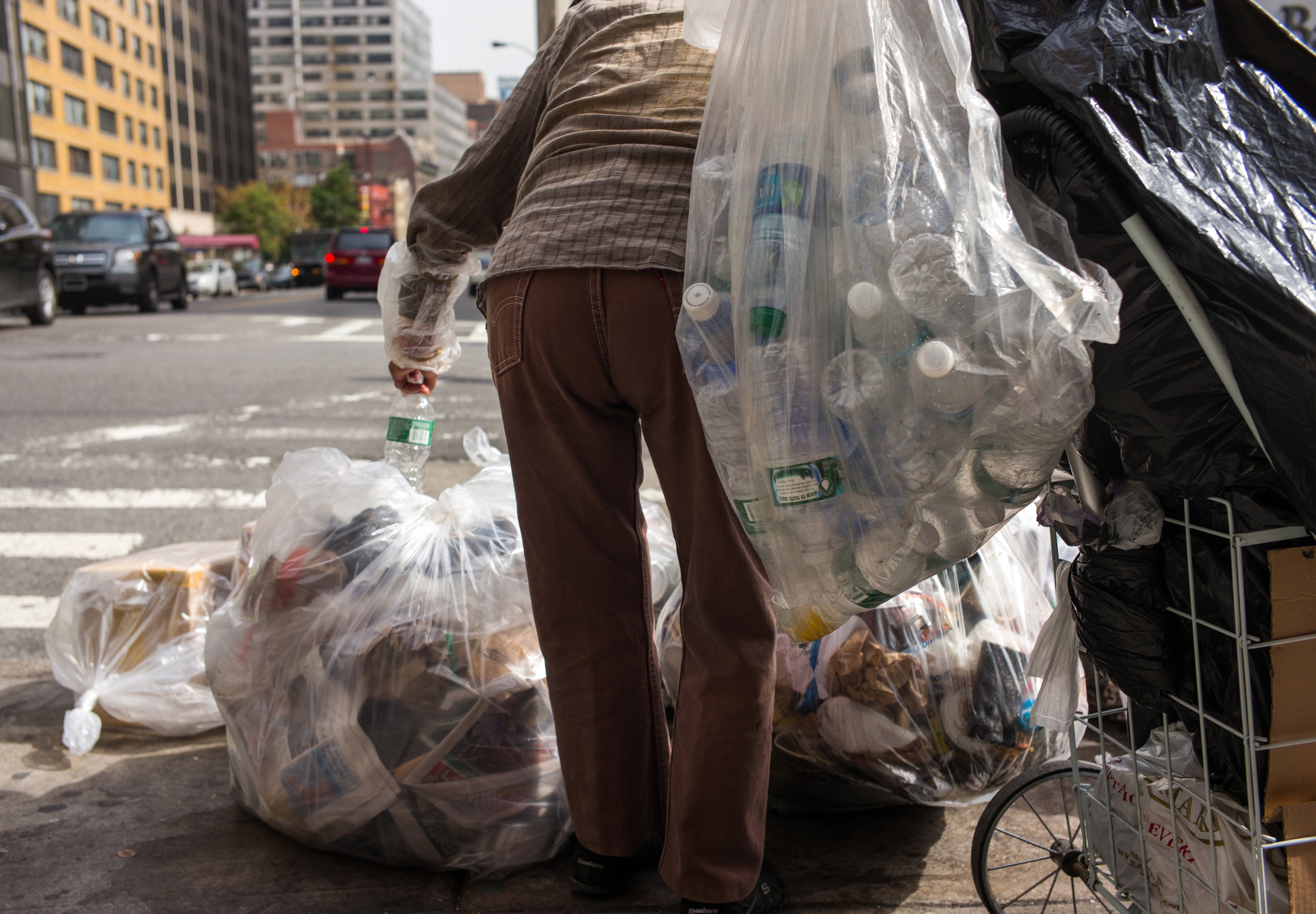Woman Collects Refundable Bottles In Brooklyn