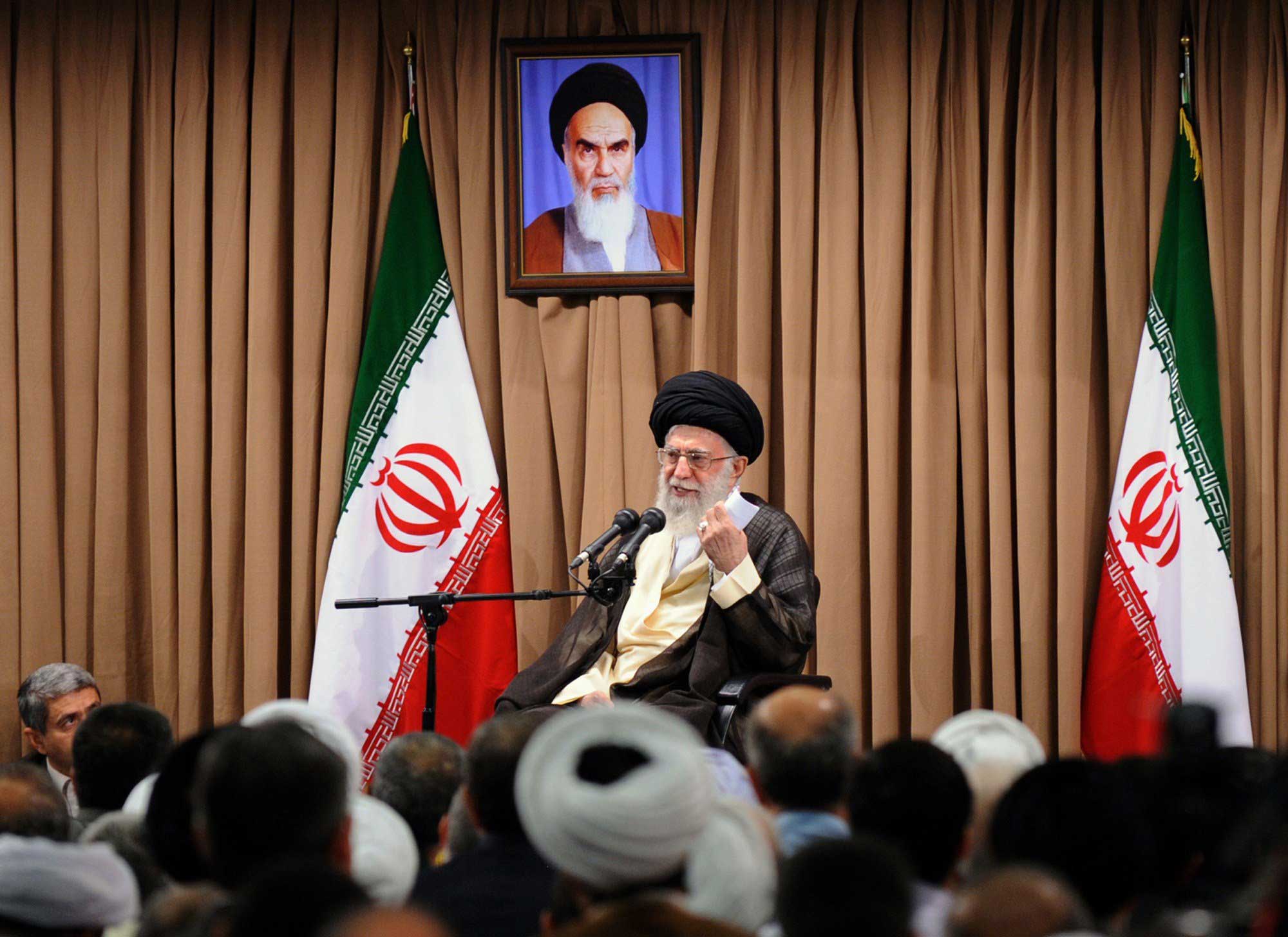 Iran's supreme leader, Ayatollah Ali Khamenei, addresses country's top officials during a meeting  in Tehran in which he restated his country's red lines for a nuclear deal with world powers on June 23, 2015. (AFP/Getty Images)