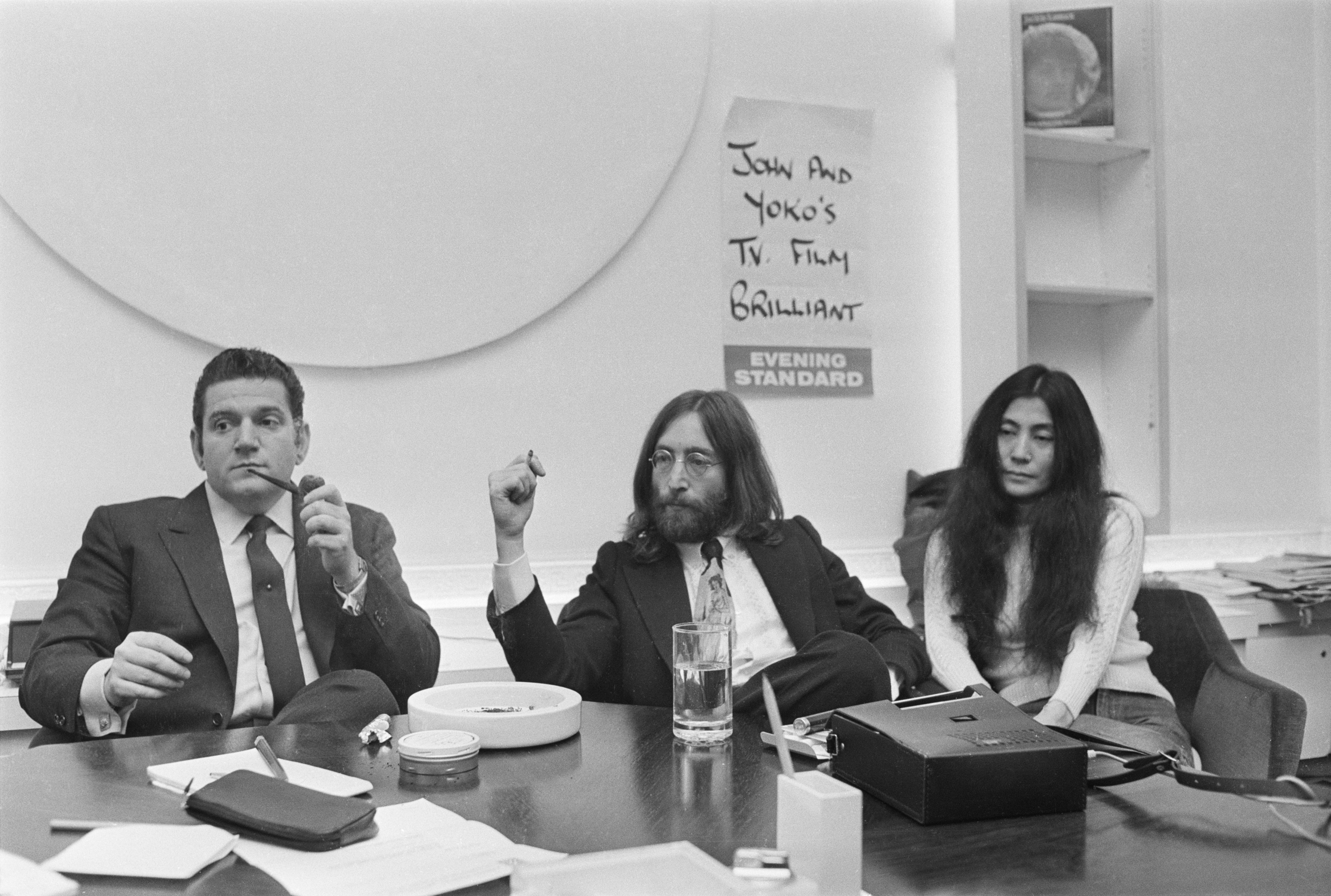 Allen Klein, left,  with John Lennon and Yoko Ono, April 29, 1969. Klein was representing Lennon in negotiations over control of shares in the Beatles' Northern Songs company. (C. Maher/Daily Express&mdash;Hulton Archive/Getty Images)