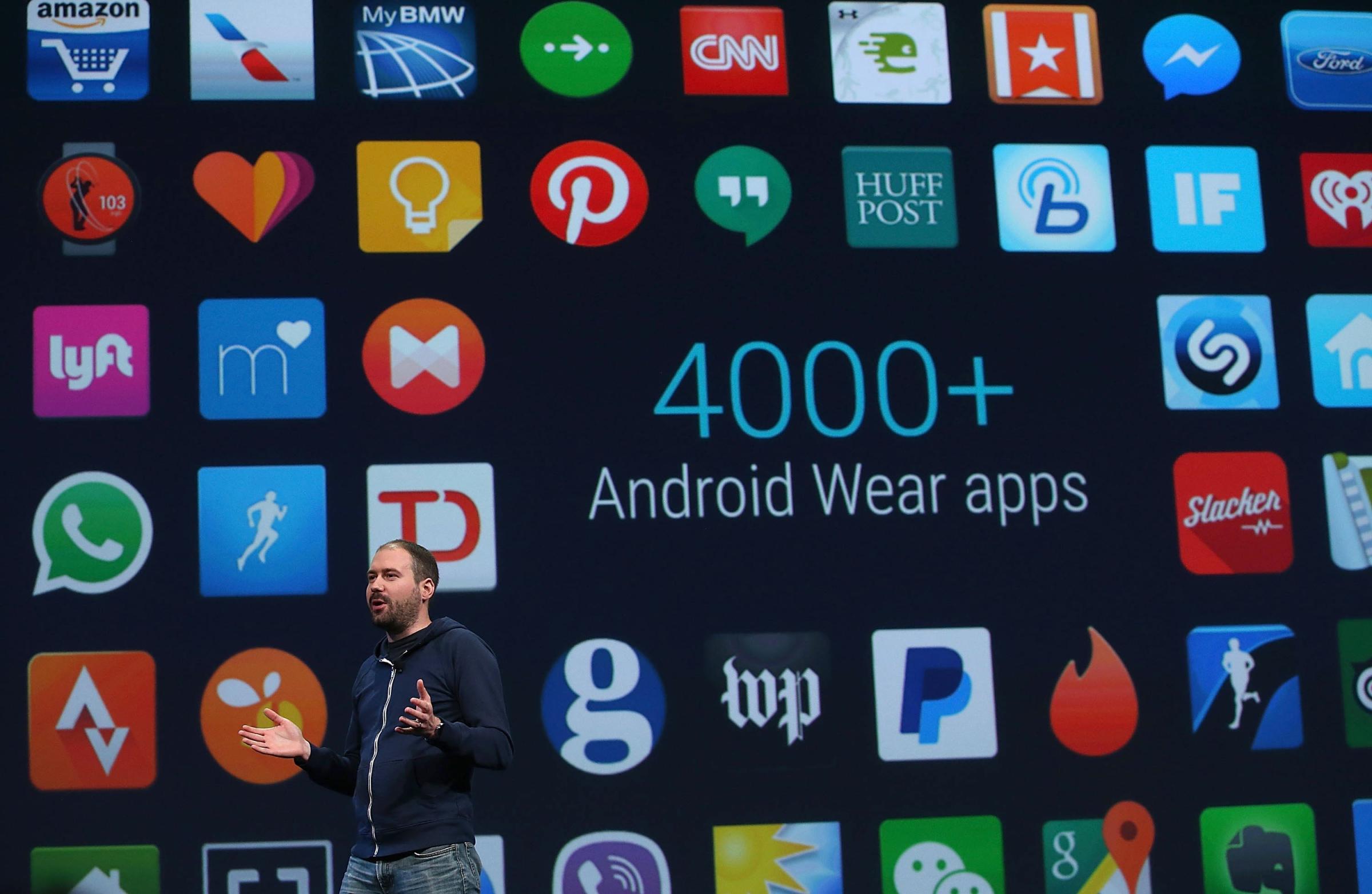 Google Android Wear director David Singleton announces Androidwear updates during the 2015 Google I/O conference on May 28, 2015 in San Francisco.