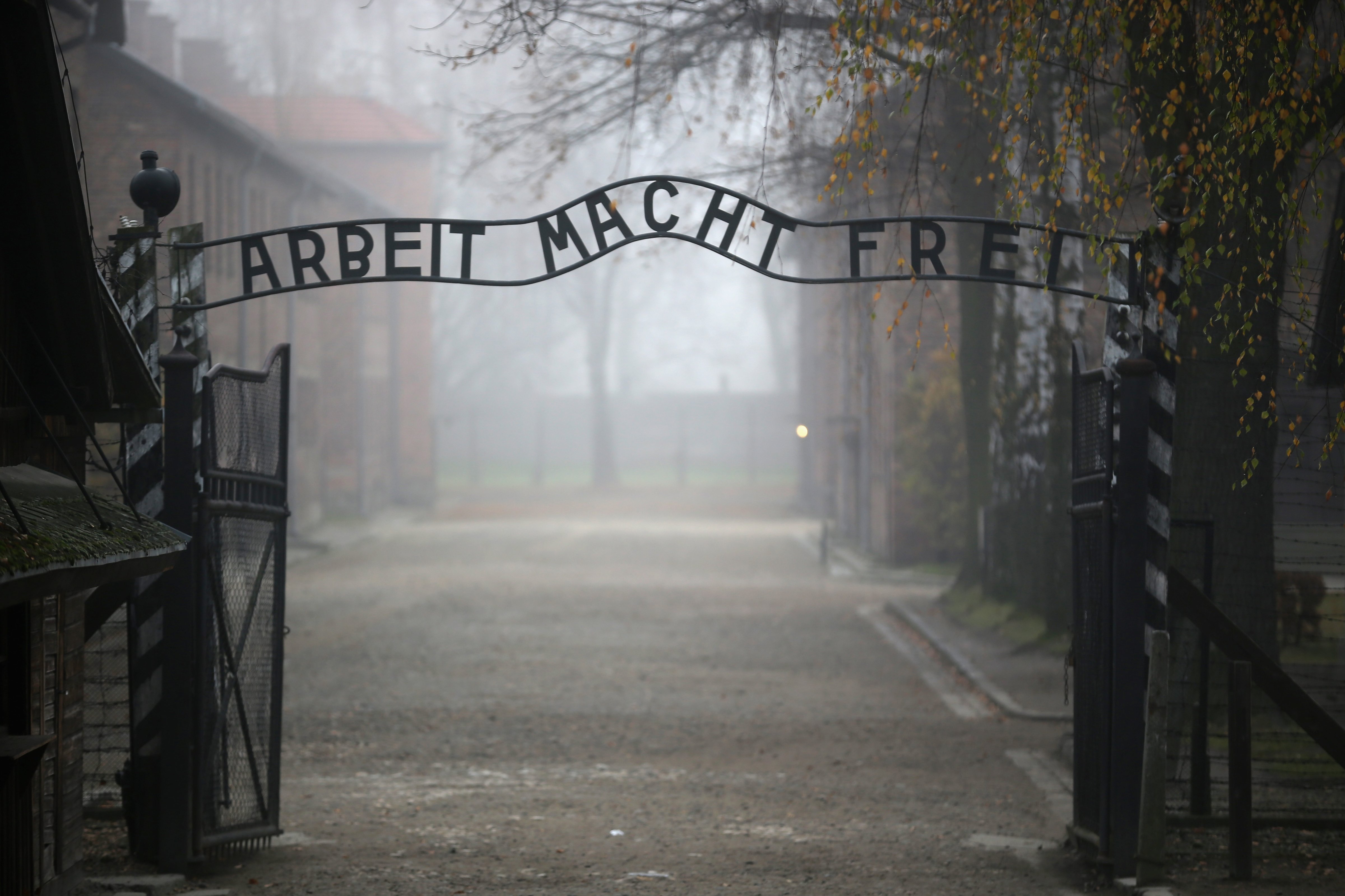 The infamous German inscription that reads 'Work Makes Free' at the main gate of the Auschwitz extermination camp on November 15, 2014 in Oswiecim, Poland. (Christopher Furlong—Getty Images)