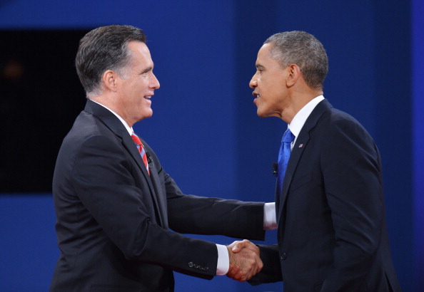 US President Barack Obama shakes hands with Republican presidential candidate Mitt Romney at the end of the third and final presidential debate October 22, 2012 at Lynn University in Boca Raton, Florida. (MANDEL NGAN—AFP/Getty Images)