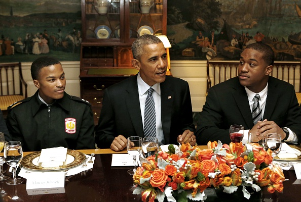 US President Barack Obama has lunch with My Brother's Keeper mentees at the White House in Washington, DC on February 27, 2015.