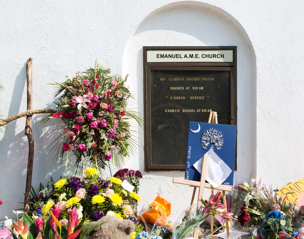 A memorial for victims is seen outside of the Mother Emanuel AME Church in Charleston, S.C. on July 20, 2015.