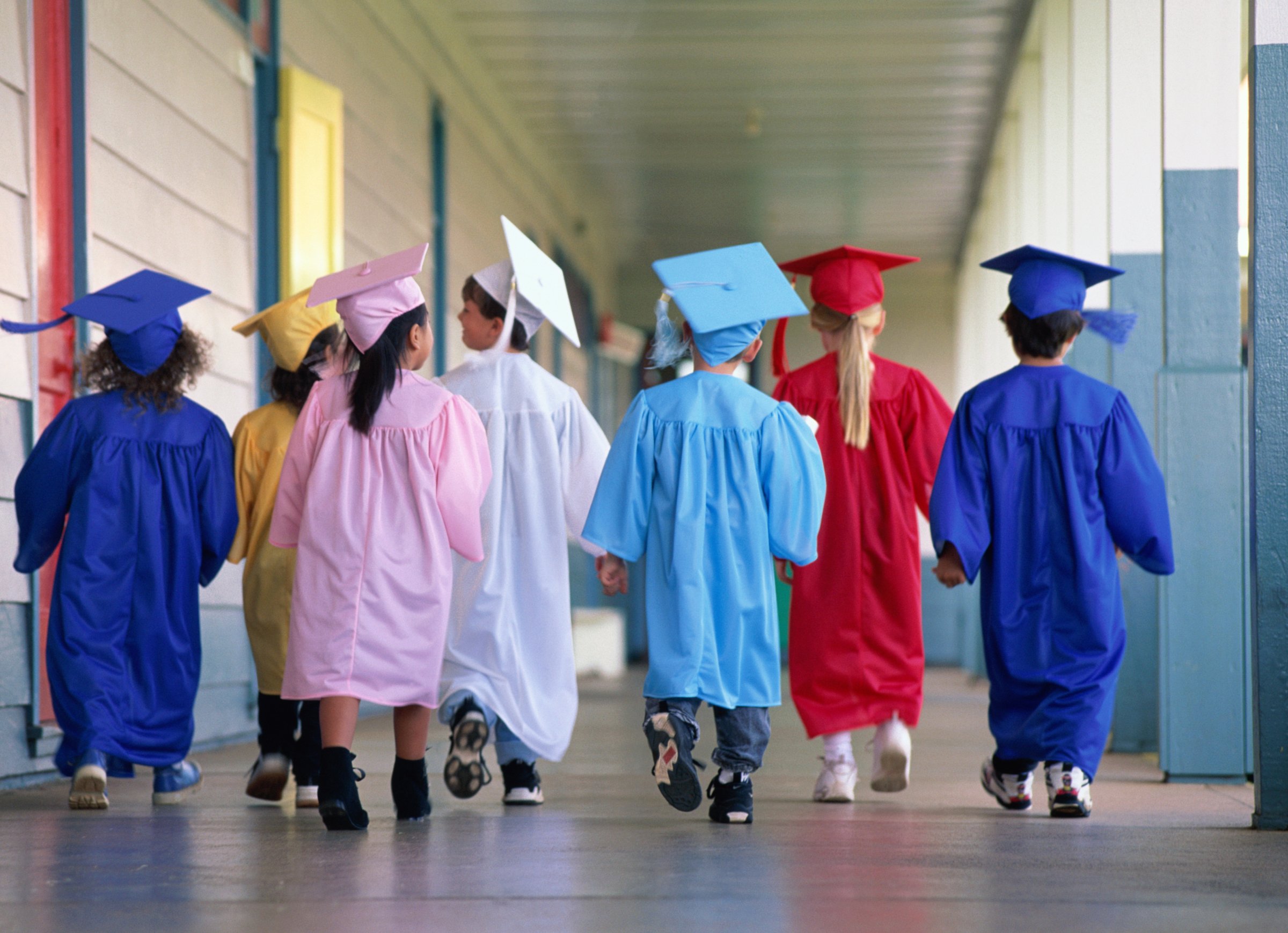 Group of children wearing graduation robes, rear view