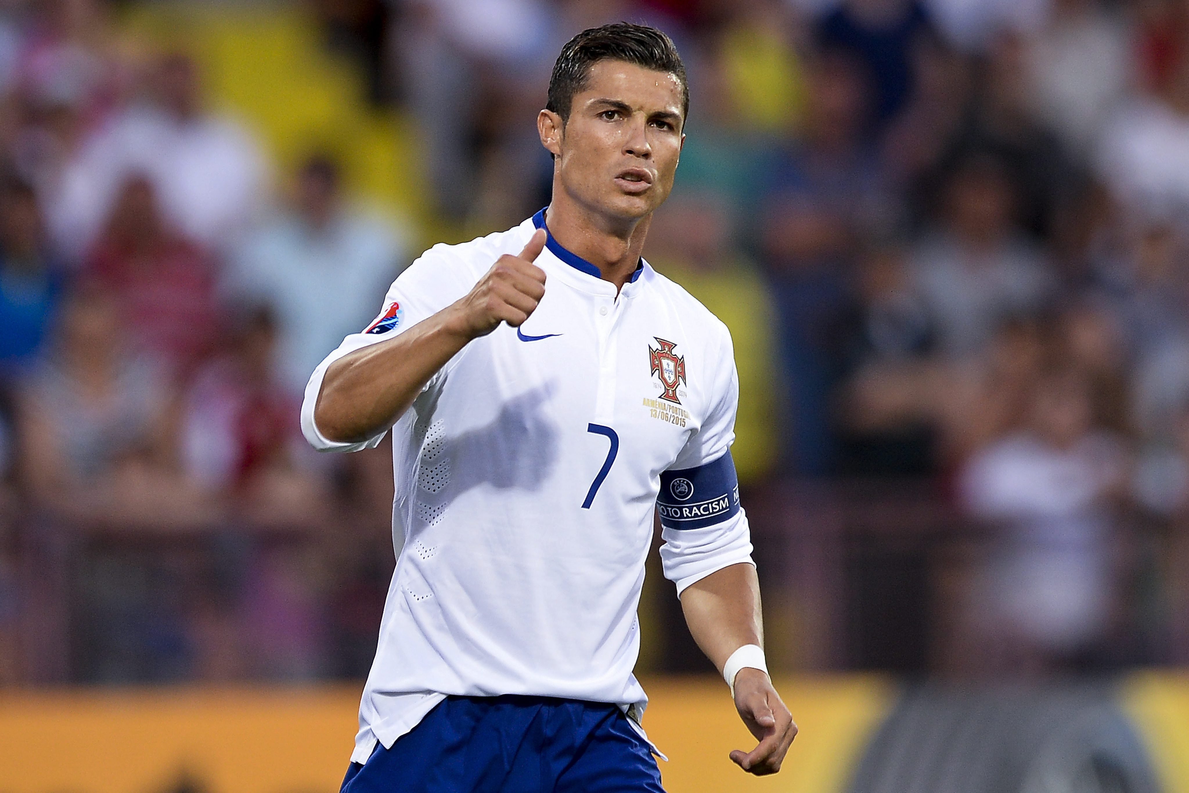 Portugal player Cristiano Ronaldo gestures during the UEFA EURO 2016 Qualifying - Group I soccer match against Armenia held at Republican Stadium in Yerevan, Armenia on June 13, 2015.