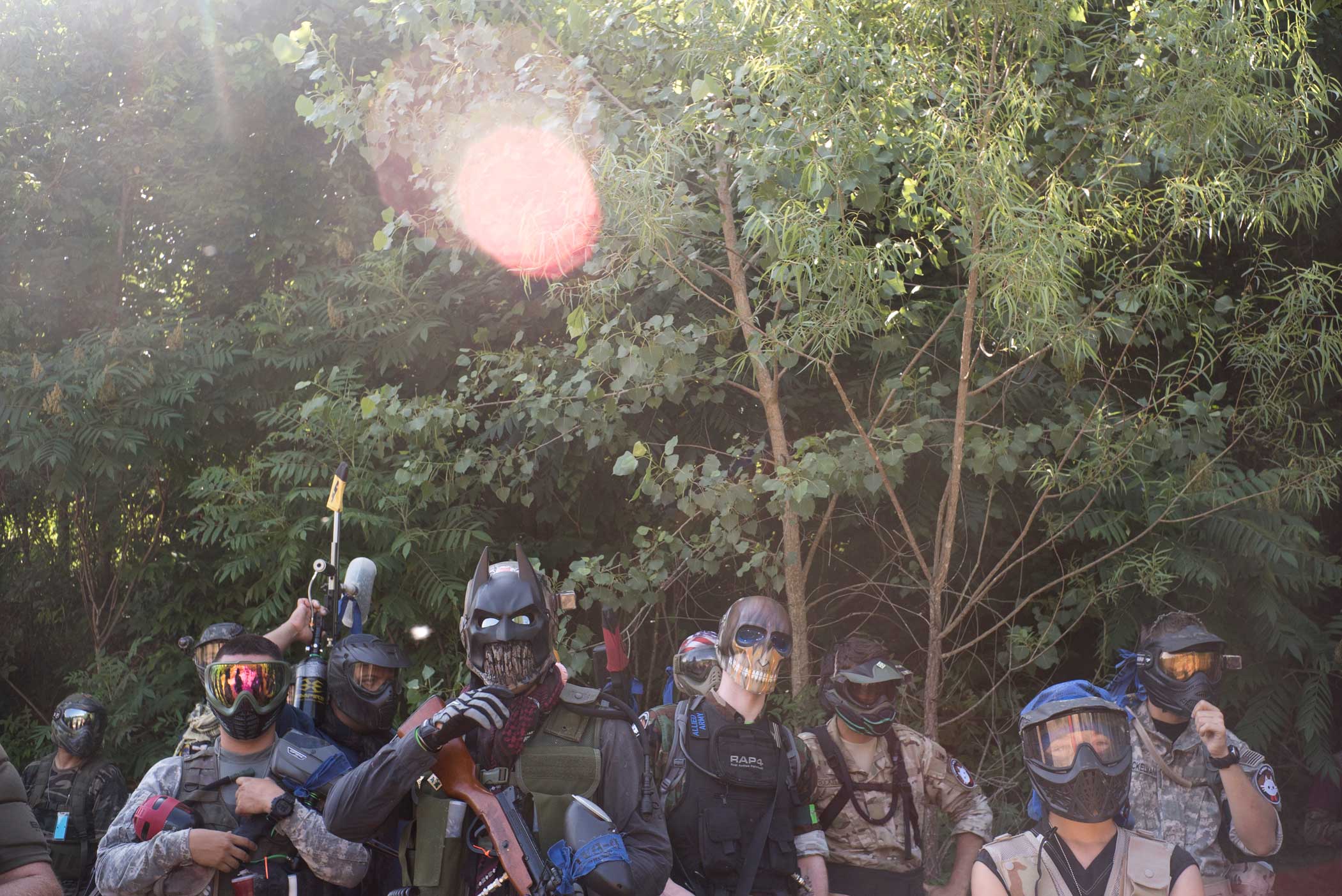 Paintballers before the attack on  Utah Beach,  where  masks on  had just been called. There are strict mask rules in the areas where the paintball action is live.