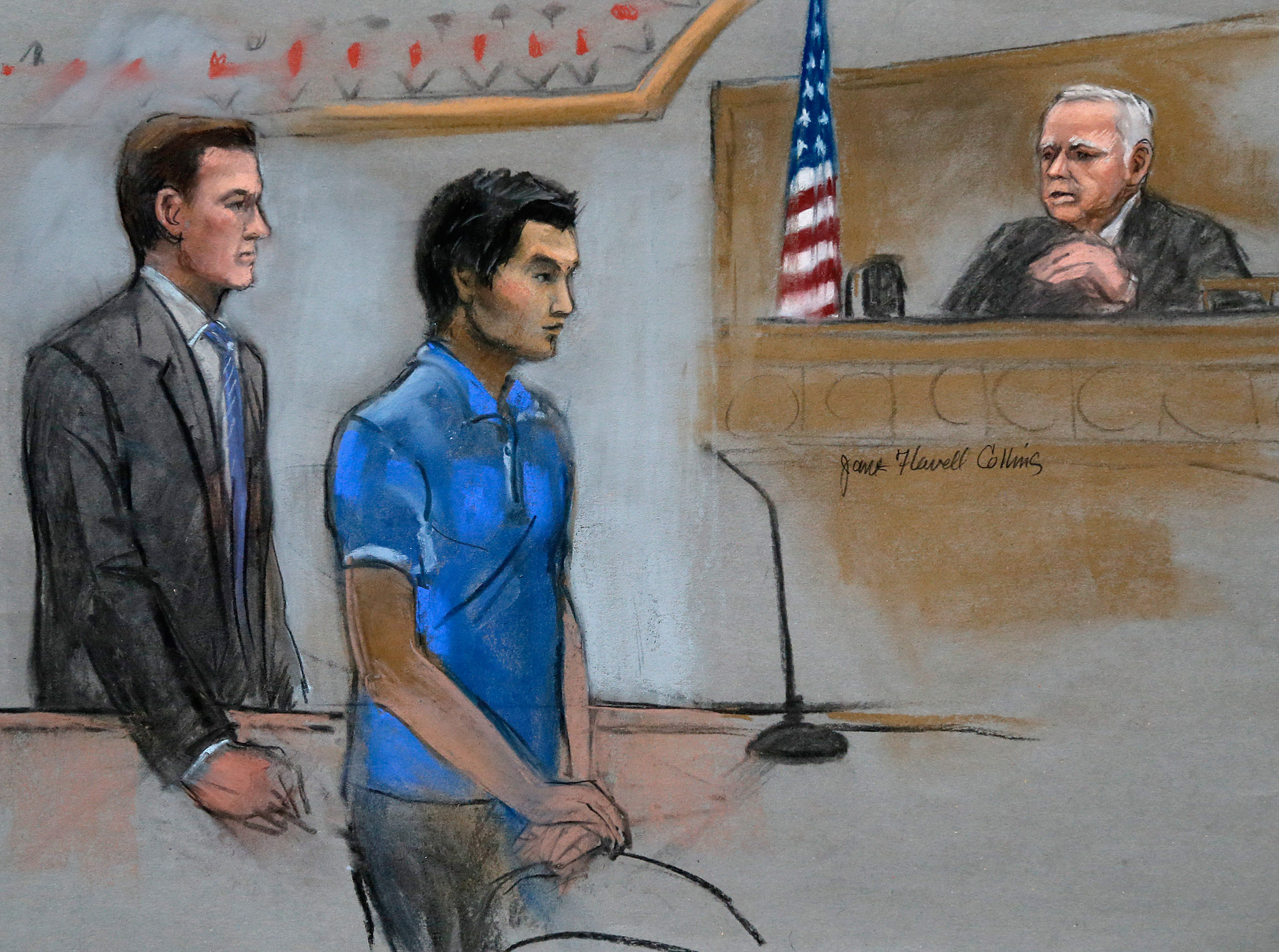 Dias Kadyrbayev, center, a college friend of Boston Marathon bombing suspect Dzhokhar Tsarnaev, is depicted in federal court in Boston on Aug. 21, 2014. (Jane Flavell Collins—AP)