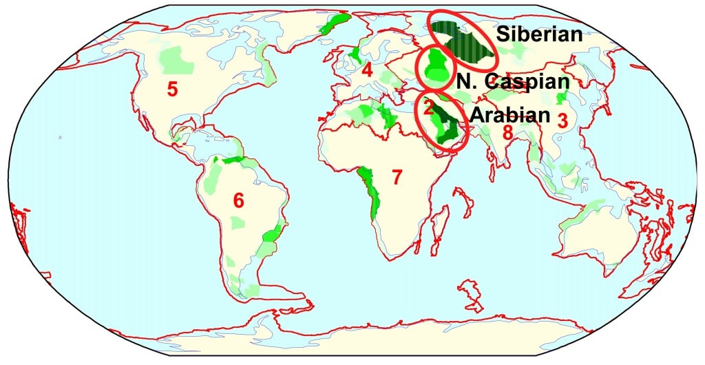 Figure 2. Location map showing Arabian, Siberian and North Caspian sedimentary basins