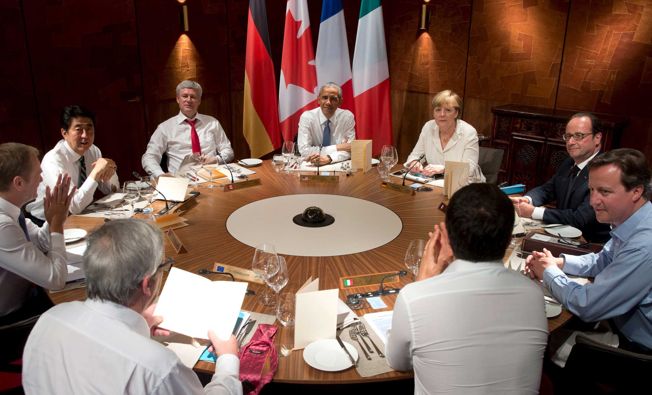 Leaders from the Group of Seven (G7) industrial nations hold a working dinner in the Bavarian village of Kruen, Germany, on June 7, 2015. (Stephen Crowley—Reuters)