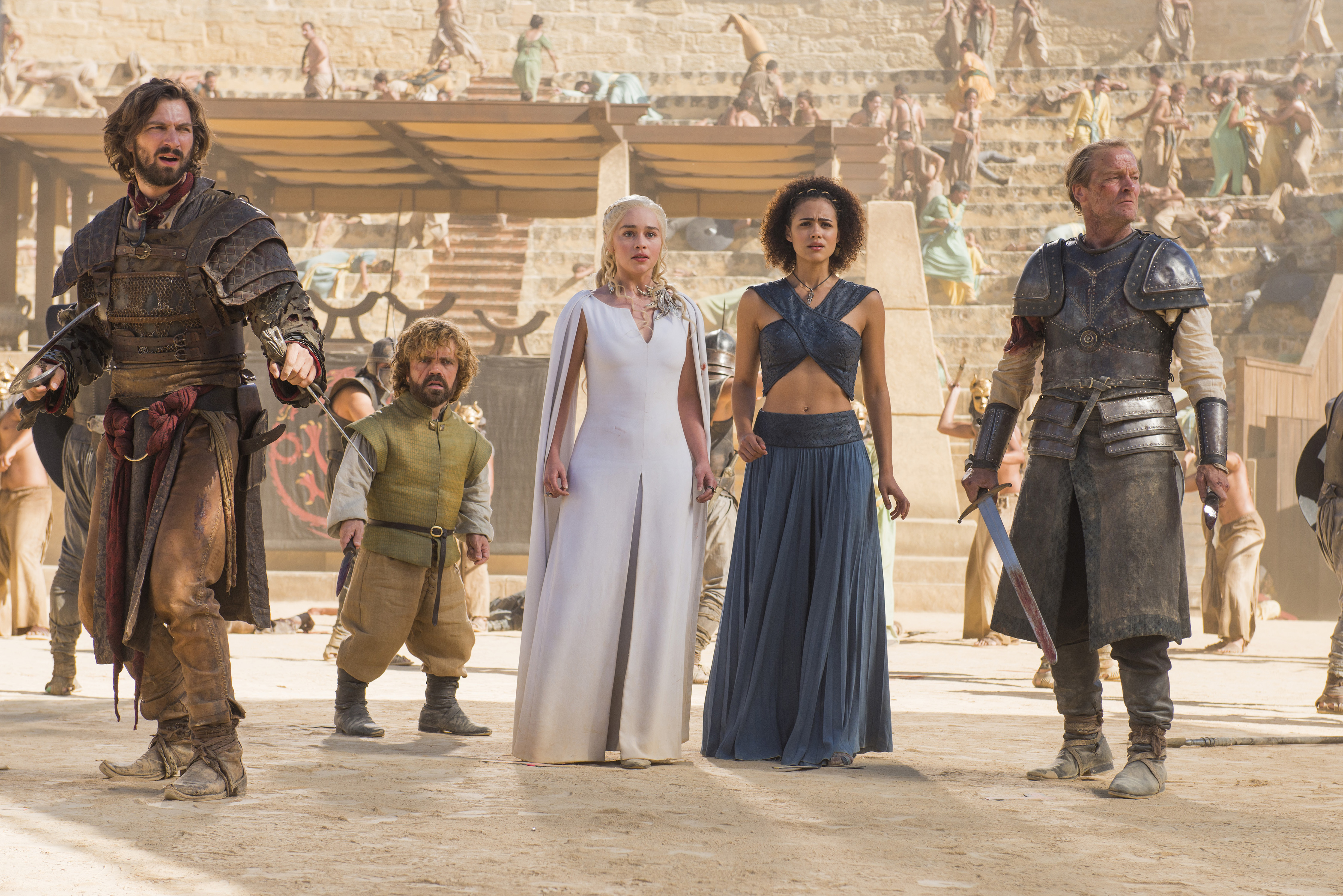 Michiel Huisman, Peter Dinklage, Emilia Clarke, Nathalie Emmanuel and Iain Glen in 'Game of Thrones' (Nick Wall courtesy of HBO)