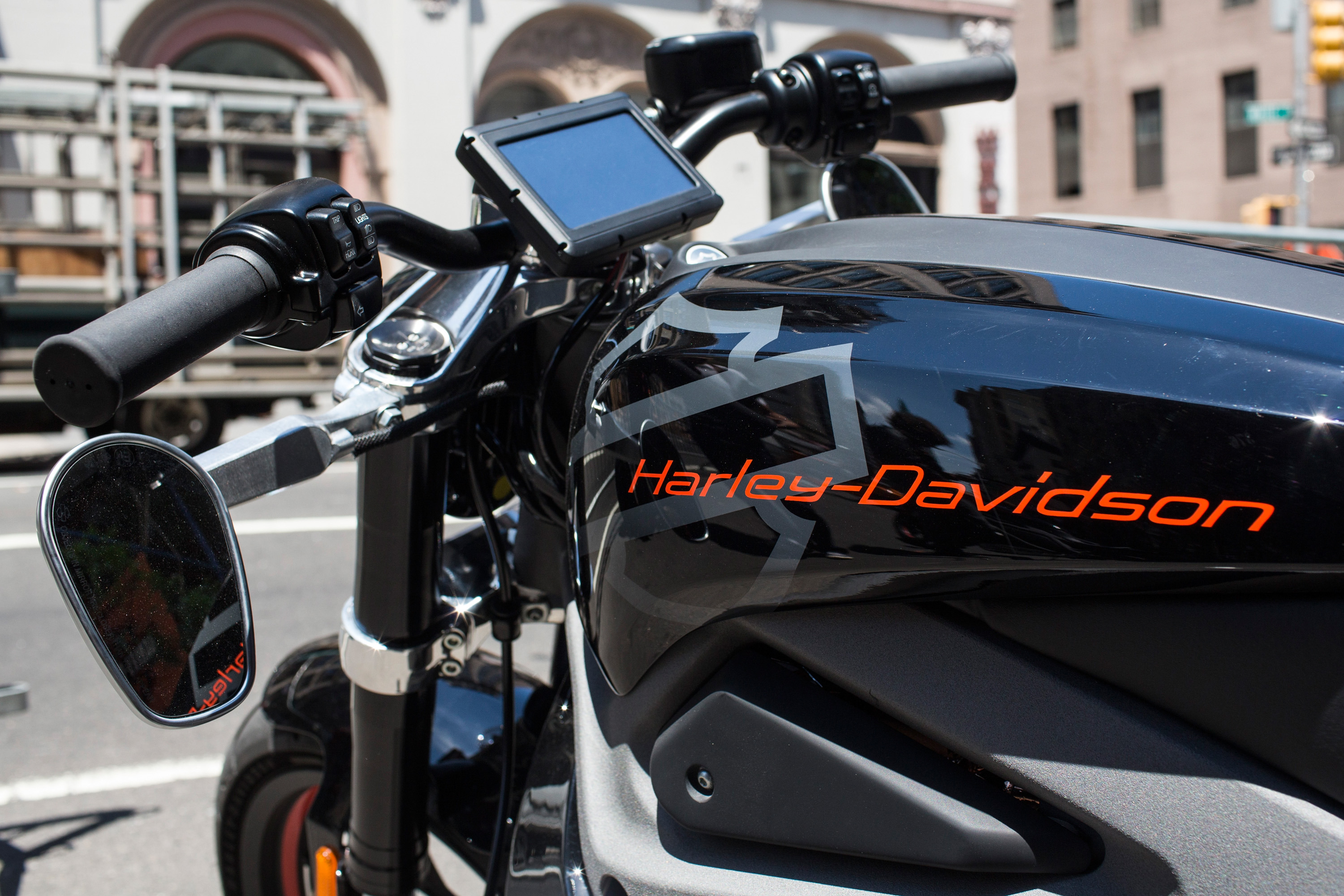 A Harley Davidson Livewire motorcycle, Harley Davidson's first electric bike, sits on display outside the Harley Davidson Store on June 23, 2014 in New York City.