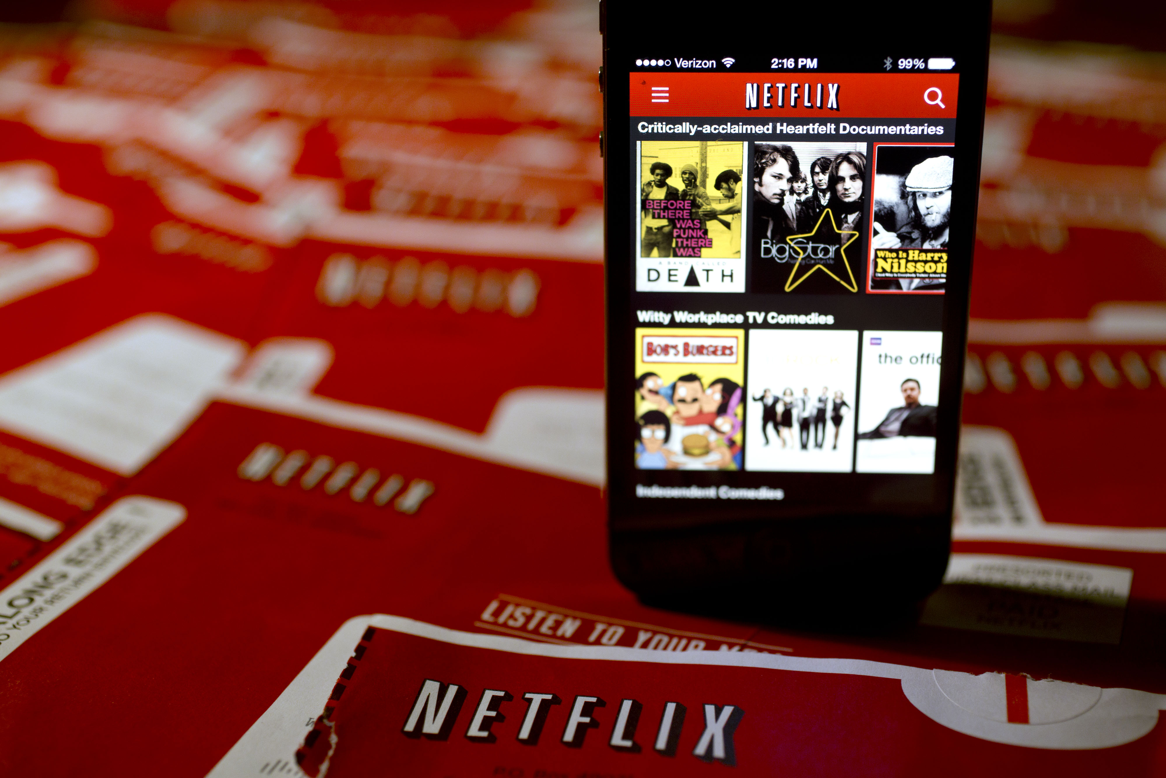 The Netflix Inc. application is displayed on an Apple Inc. iPhone arranged for a photograph in Washington, D.C., U.S., on Tuesday, Jan. 21, 2014. (Bloomberg—Bloomberg via Getty Images)