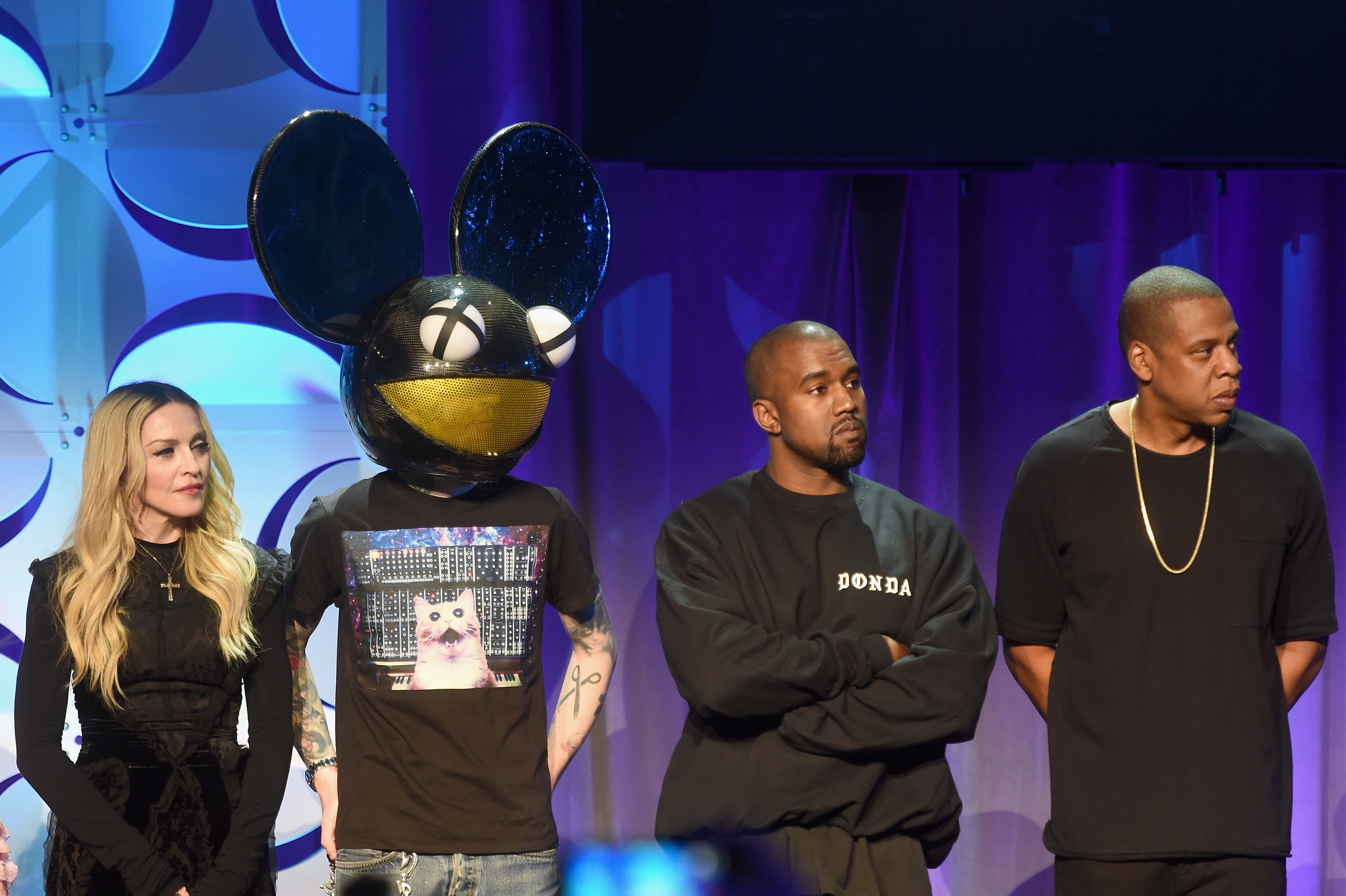 Madonna, Deadmau5, Kanye West, and JAY Z onstage at the Tidal launch event #TIDALforALL at Skylight at Moynihan Station on March 30, 2015 in New York City. (Jamie McCarthy—2015 Getty Images)