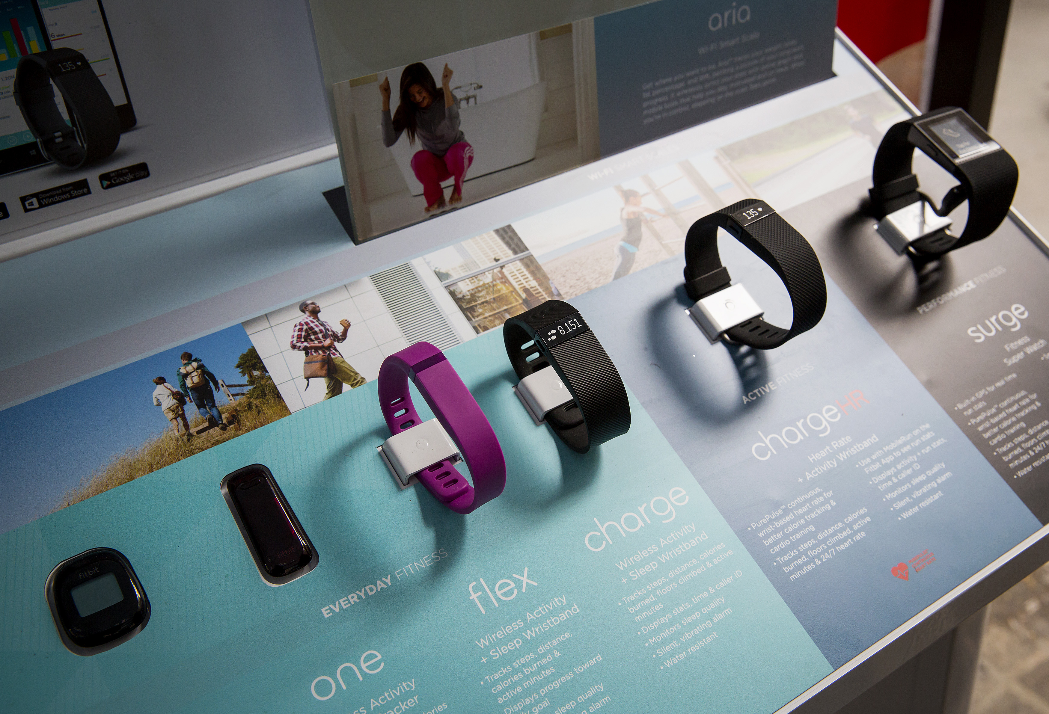 The line of Fitbit products are displayed during a lunchtime workout event outside the New York Stock Exchange during the IPO debut of the company on June 18, 2015 in New York City. (Eric Thayer&mdash;Getty Images)