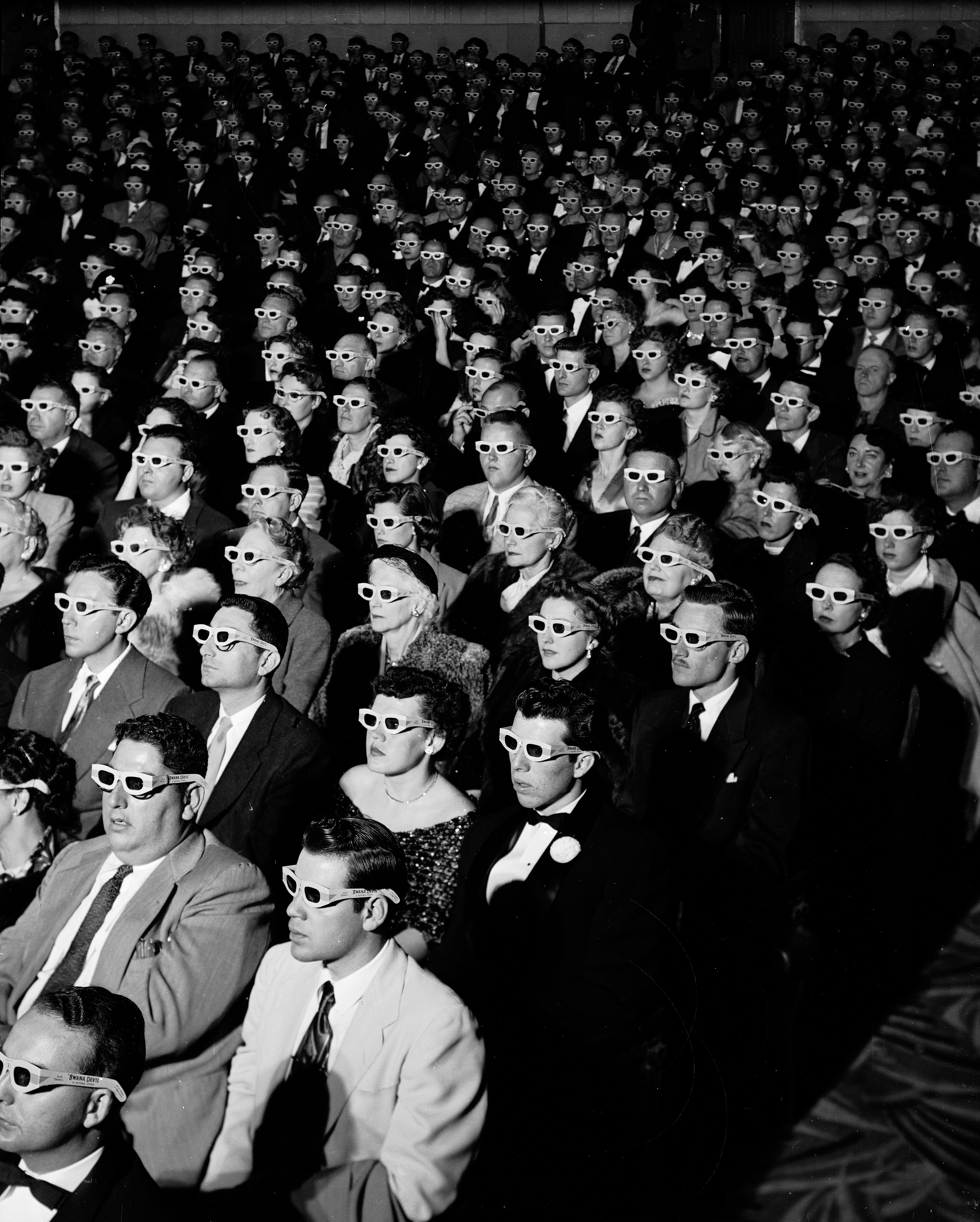 ull frame of movie audience wearing special 3D glasses to view film Bwana Devil which was shot with new natural vision 3 dimensional technology. (J. R. Eyerman&mdash;The LIFE Picture Collection/Gett)