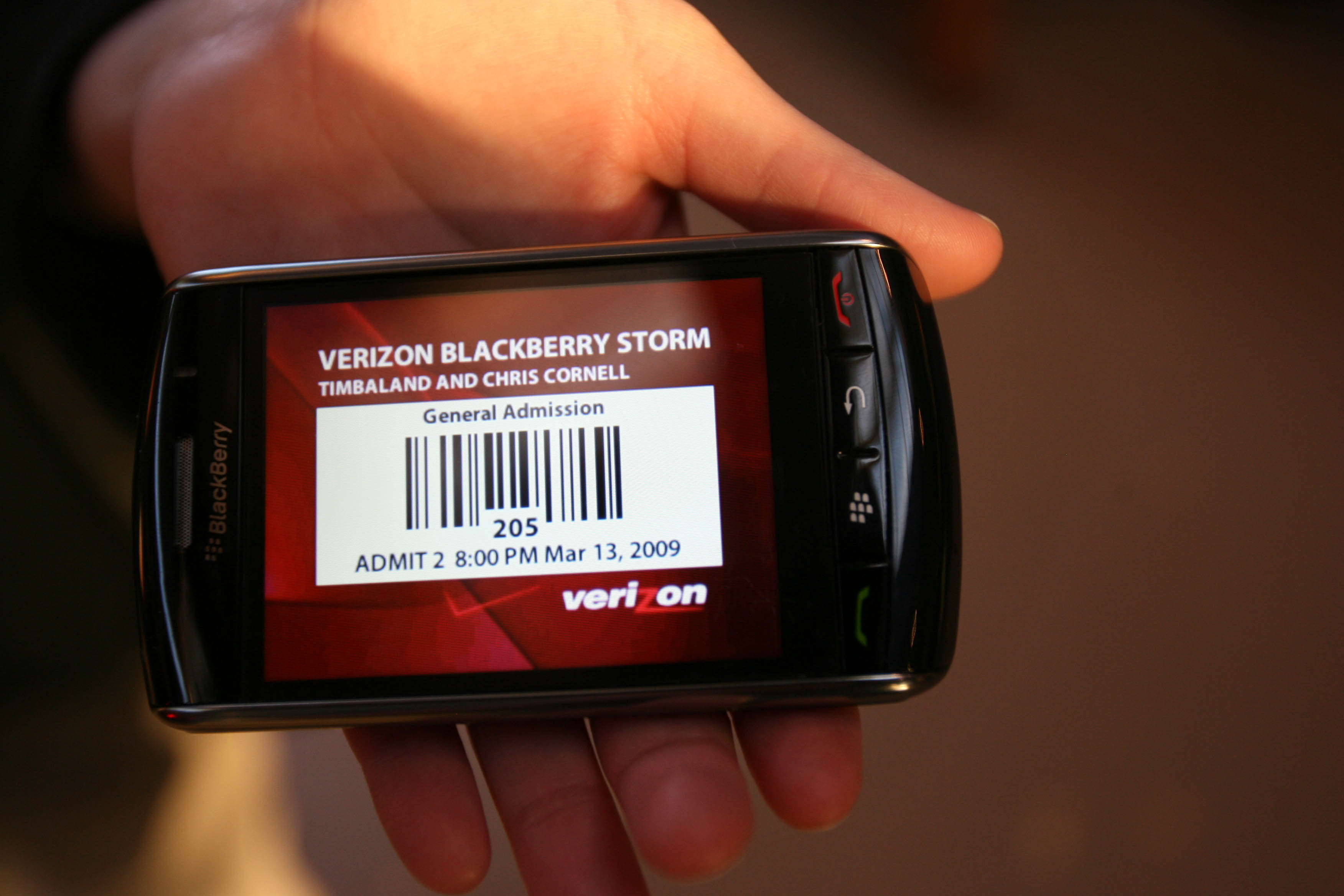 A Verizon Blackberry Storm mobile ticket appears on a a mobile device at a Verizon Wireless and Blackberry Storm event on March 13, 2009 in Chicago, Illinois. (Tasos Katopodis&mdash;2009 Getty Images)