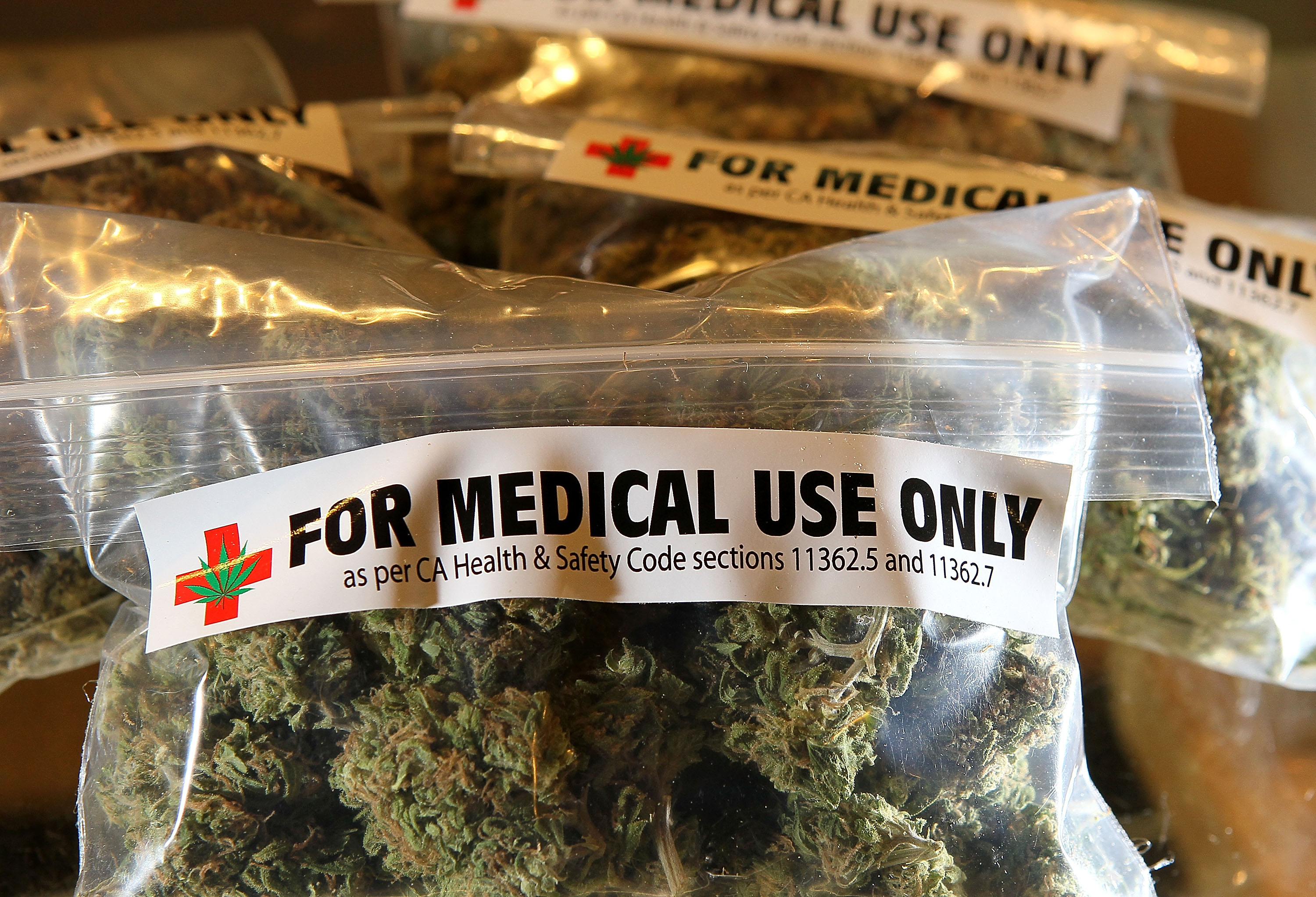 One-ounce bags of medicinal marijuana are displayed at the Berkeley Patients Group March 25, 2010 in Berkeley, California. (Justin Sullivan—Getty Images)
