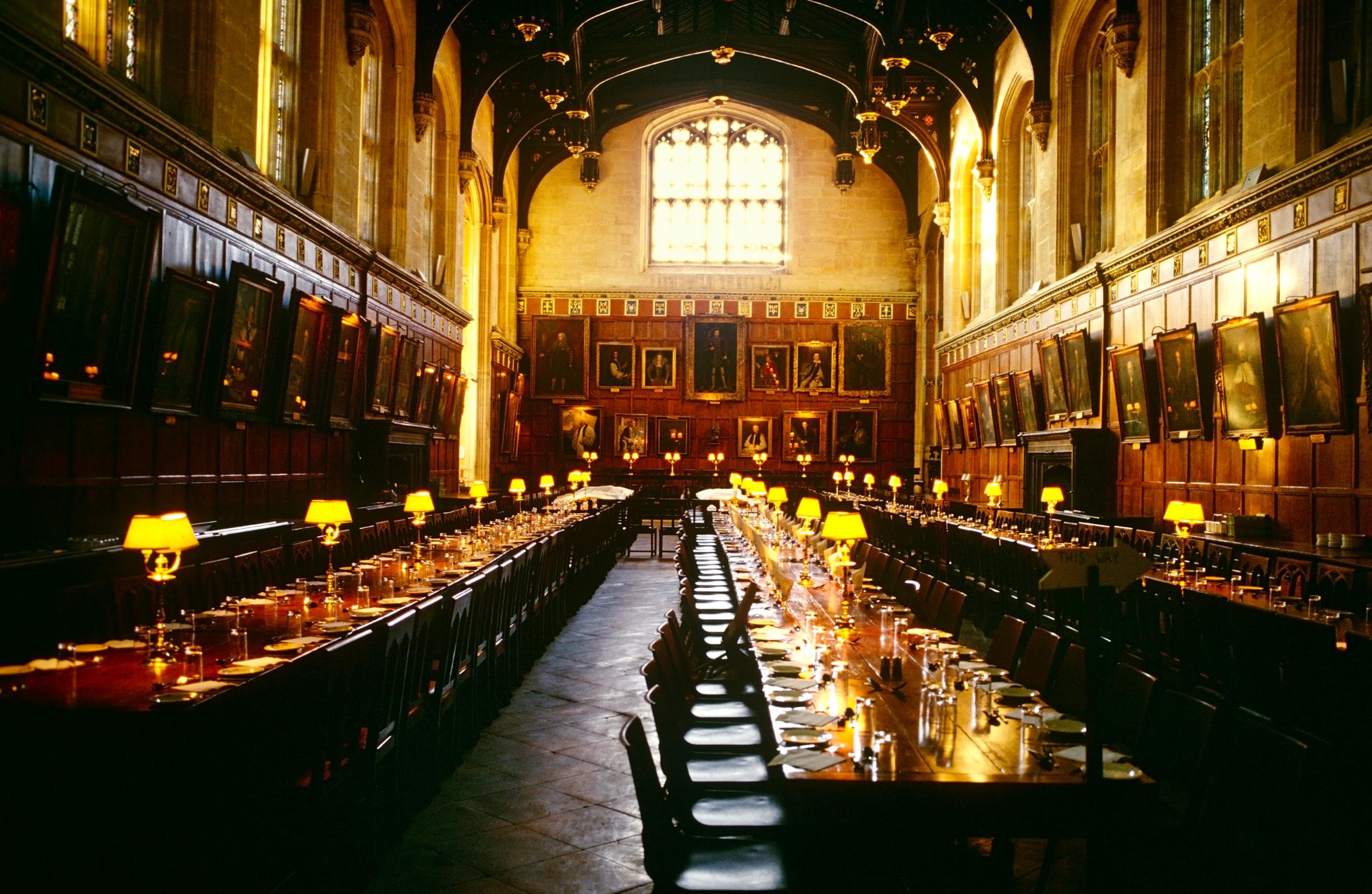 The Grand Hall, Christ Church, Oxford University in Oxford, U.K. When it comes to 'Harry Potter,' few sights are as iconic as Hogwarts's Great Hall. In the film, young witches and wizards from each house gather around long tables for meals and ceremonial events – much like the students at Christ Church, a college at Oxford University. Visitors can get a peek at the real thing during a visit to the college – if there isn't an educational event going on, of course.