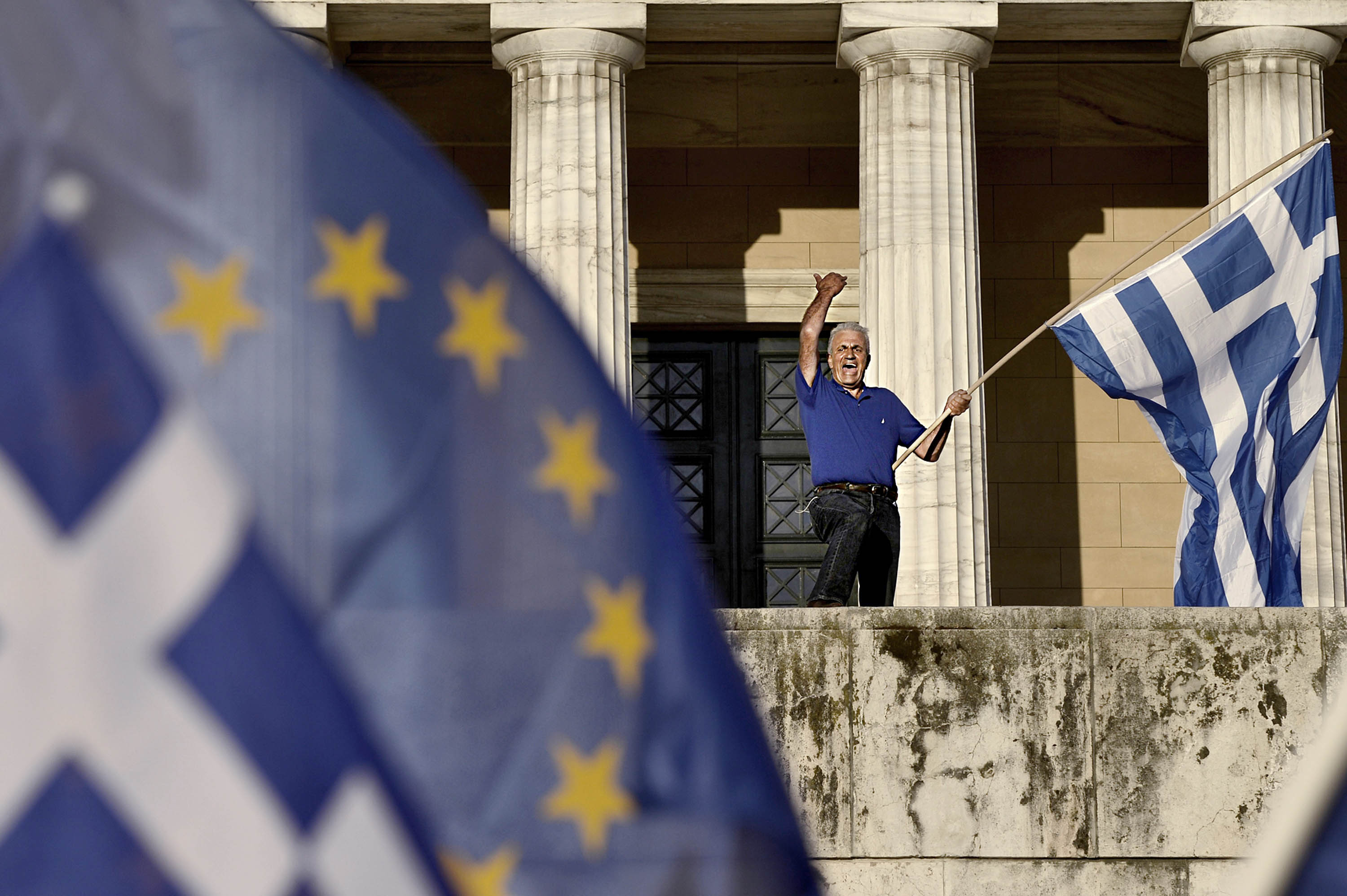 A protester at a pro-European demonstration in Athens. (Aris Messinis—AFP/Getty Images)