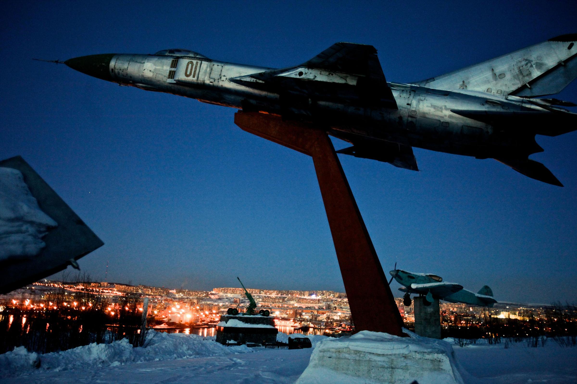 Fighter jet monument sits above Russian Arctic city