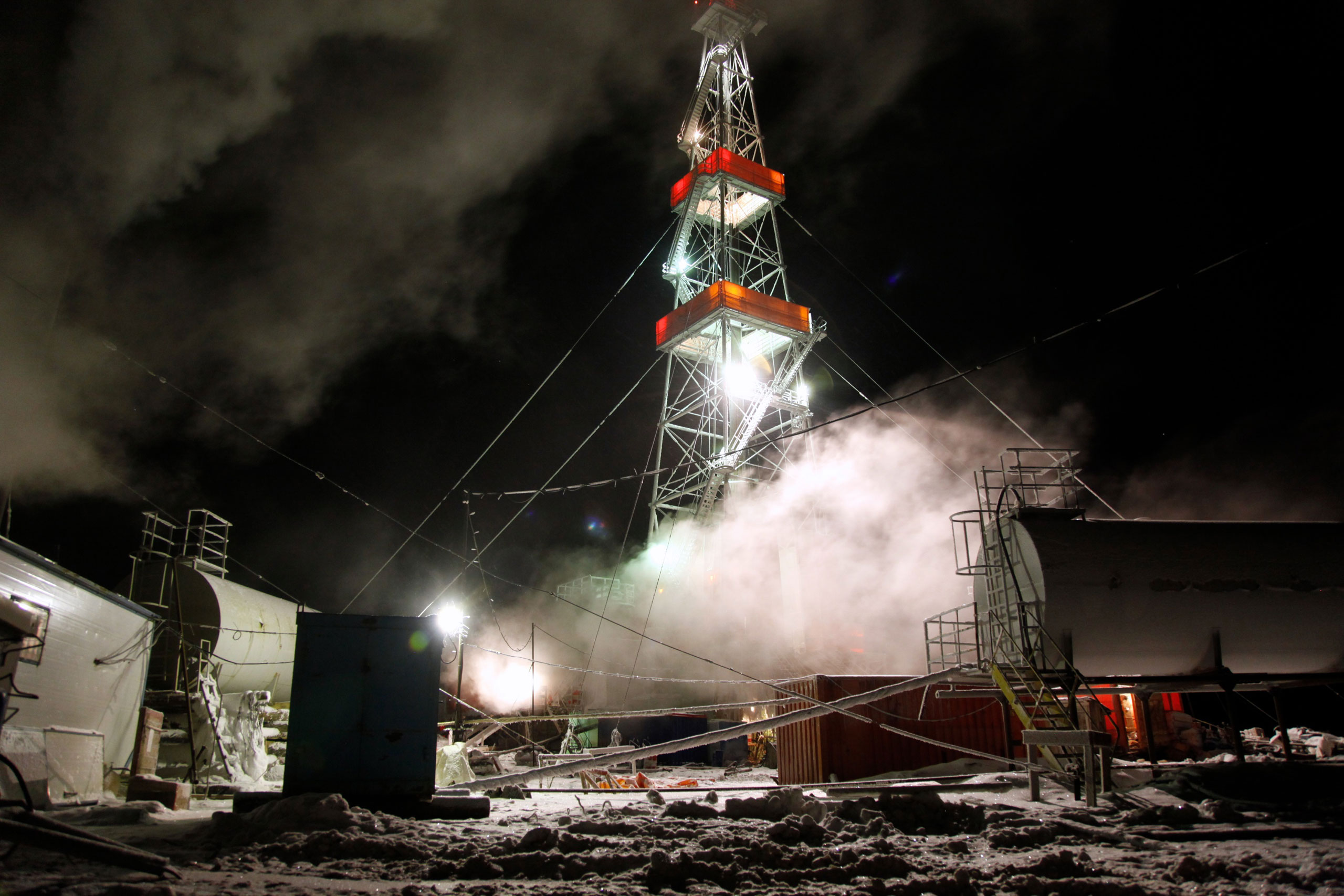 A gas drilling facility at the Kumzhinskoe gas field located in the delta of Pechora River in the Nenets Autonomous Region, said by environmentalists to be disaster-prone, February 2011.