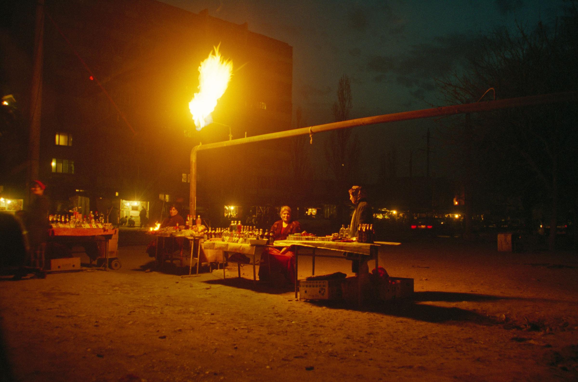 Grozny Chechnya February   2002  Market burning gas pipeline