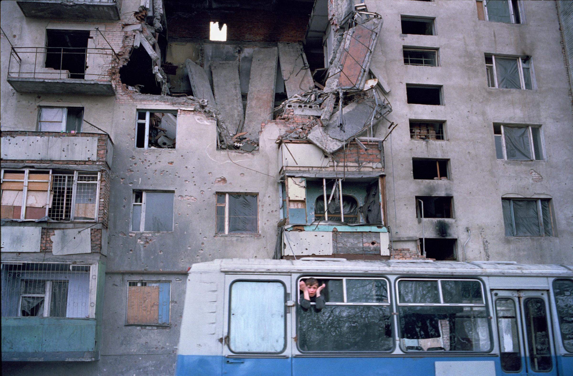 Outside the destroyed House of the Blind in Grozny, Chechnya, March 2002.Yuri kozyrev—NOOR