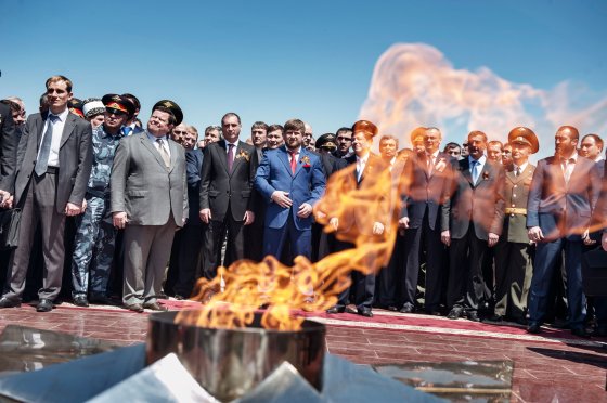 Chechen leader Ramzan Kadyrov, center, along with Russian and Chechen officials, attend a ceremony commemorating the Soviet victory in World War II, Grozny, Chechnya May 2010 Yuri kozyrev—NOOR