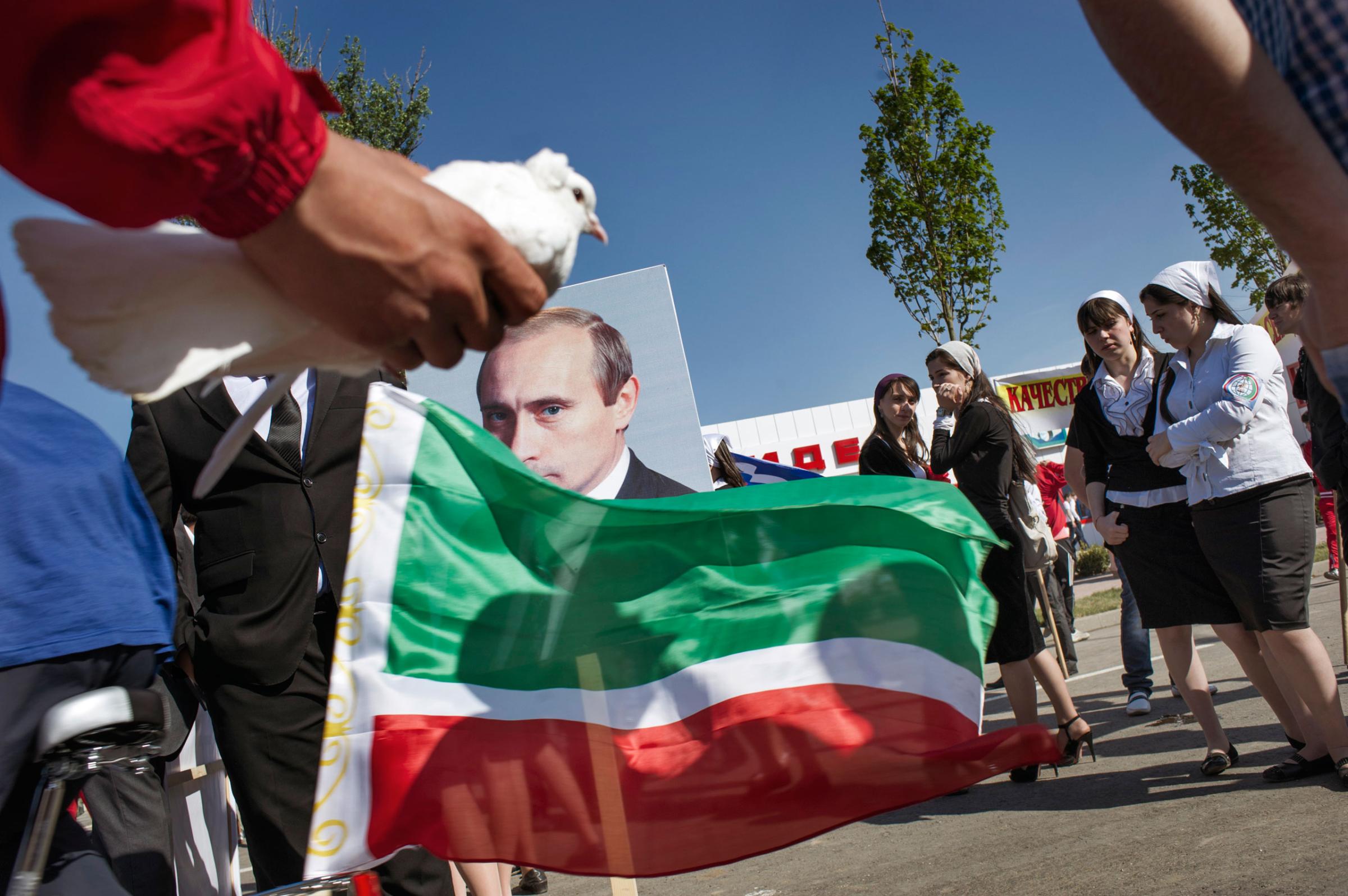 Youth activists participate in a patriotic rally in Gudermes, Chechnya May 2010. Yuri kozyrev—NOOR