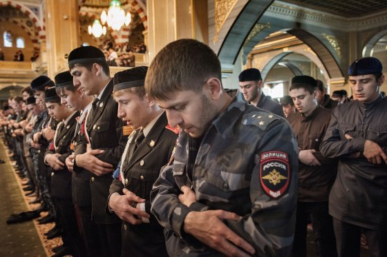 Chechen police officers and students of the prestigious Suvorov Police Academy in Chechnya attend Friday prayers at the central mosque in the regional capital of Grozny, April, 2015.Yuri kozyrev—NOOR for TIME
