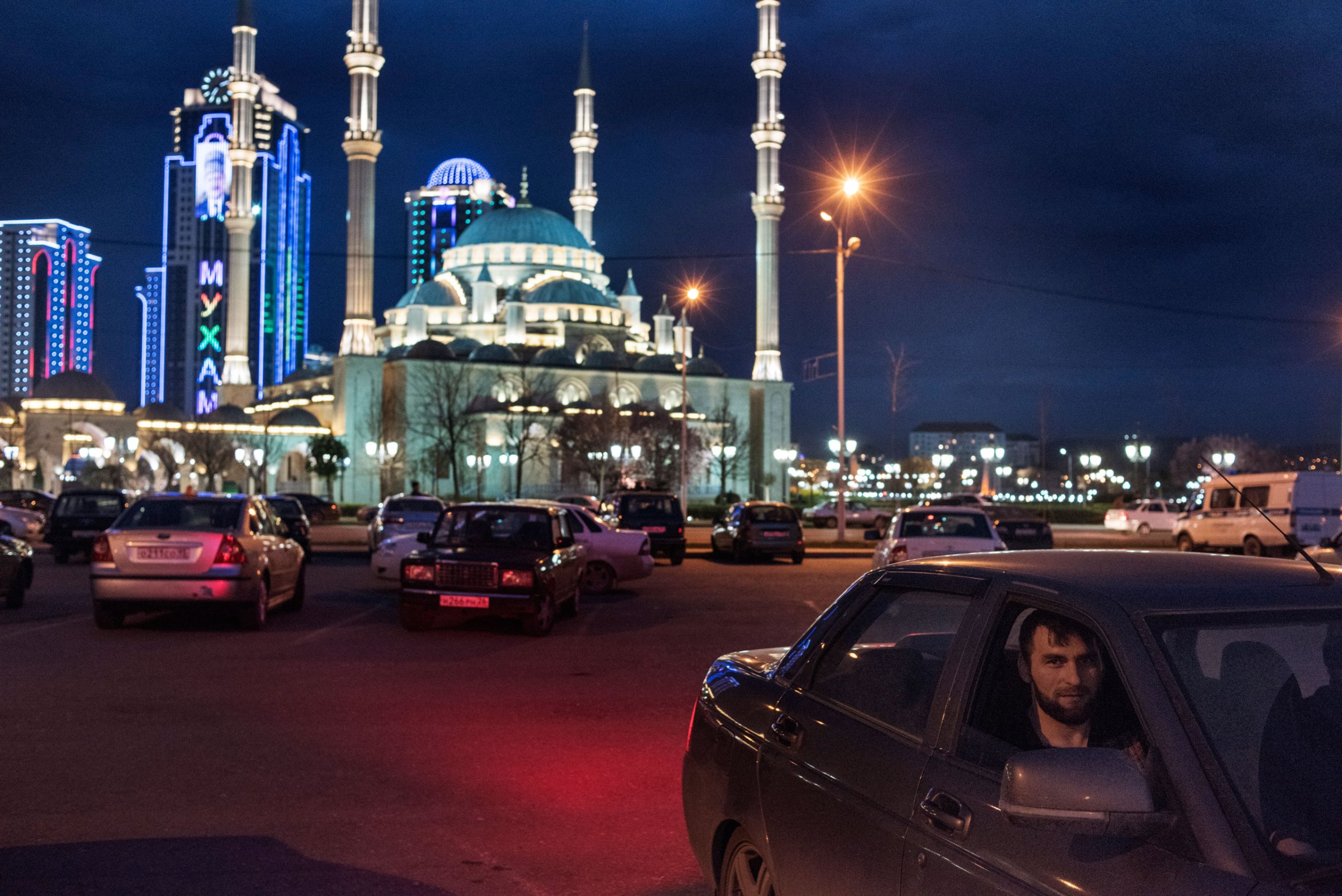 Worshipers leave evening prayer at the Heart of Chechnya Mosque in Grozny, April 17, 2015.Yuri kozyrev—NOOR for TIME