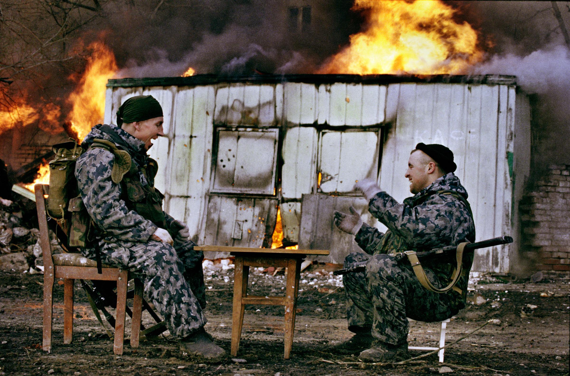 Grozny, Chechnya, 05 January 2000: OMON (Russian militia special forces) fighters playing draughts