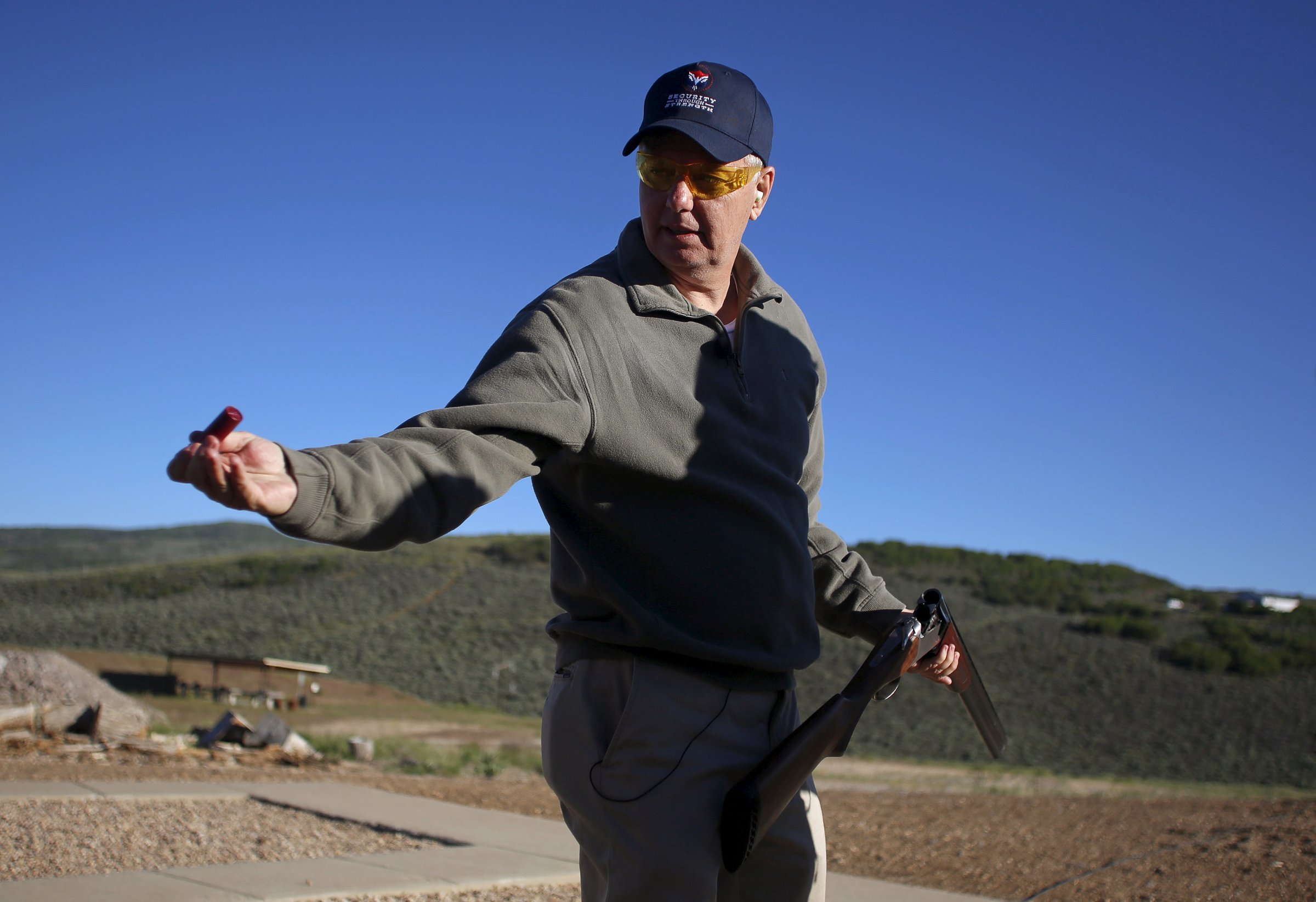 Republican presidential candidate U.S. Senator Lindsey Graham of South Carolina shoots skeet in Kamas, USA