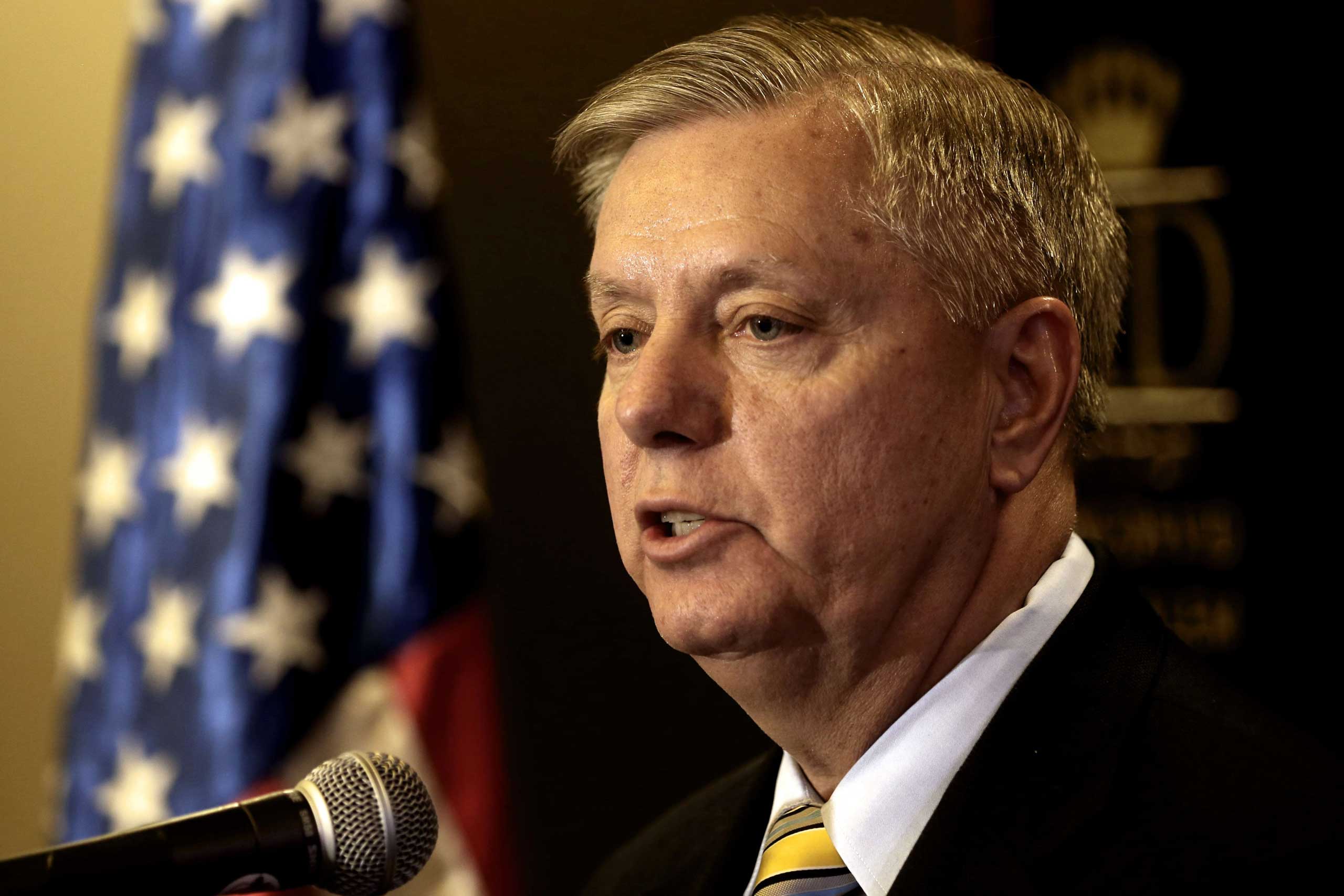 US Senator Lindsey Graham talks to the press during a press conference in Jerusalem on May 27, 2015.