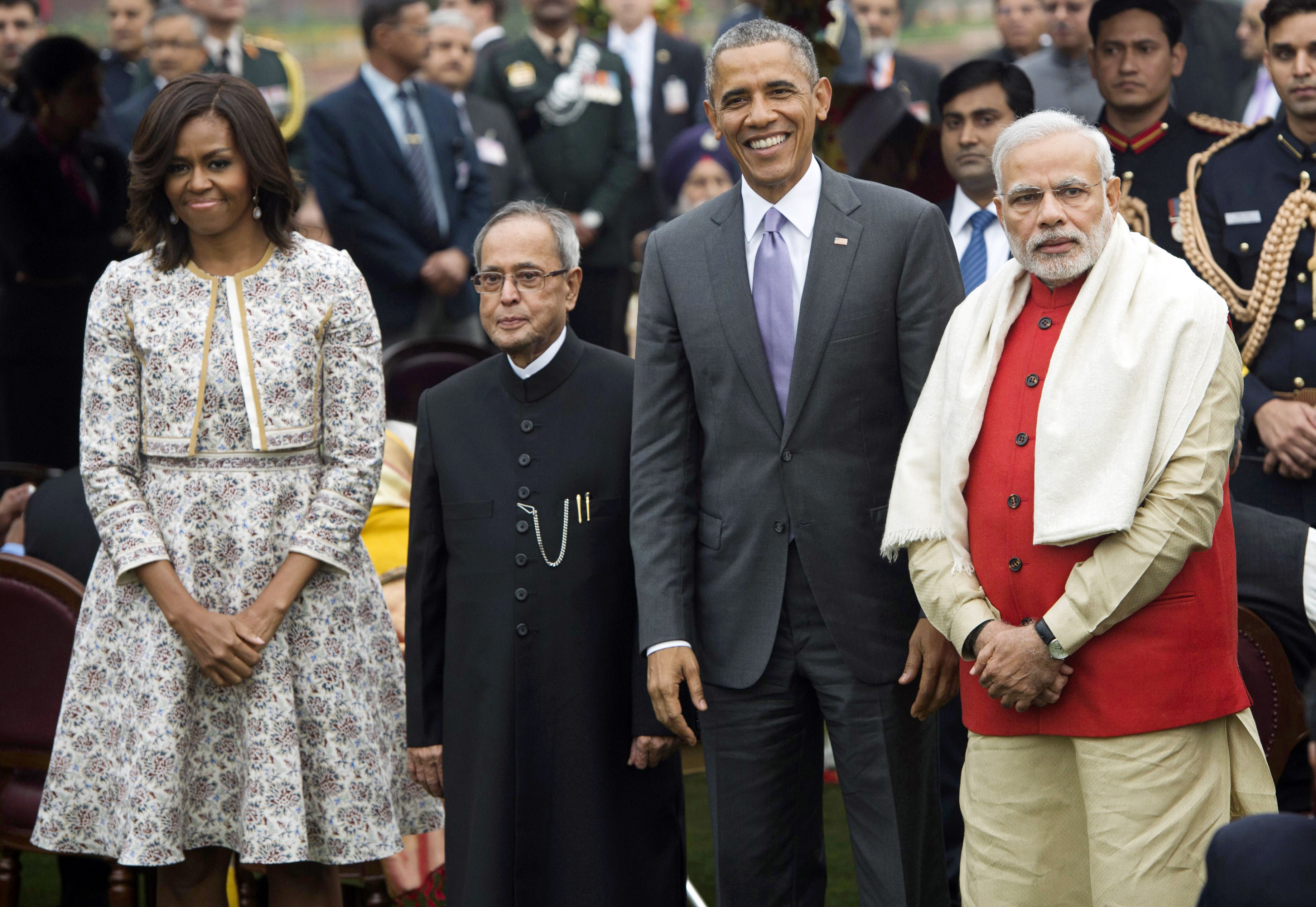 From left: First Lady Michelle Obama, Indian President Pranab Mukherjee, President Barack Obama, and Indian Prime Minister Narendra Modi attend a reception at Rashtrapati Bhawan, the Presidential Palace, in New Delhi on Jan. 26, 2015.