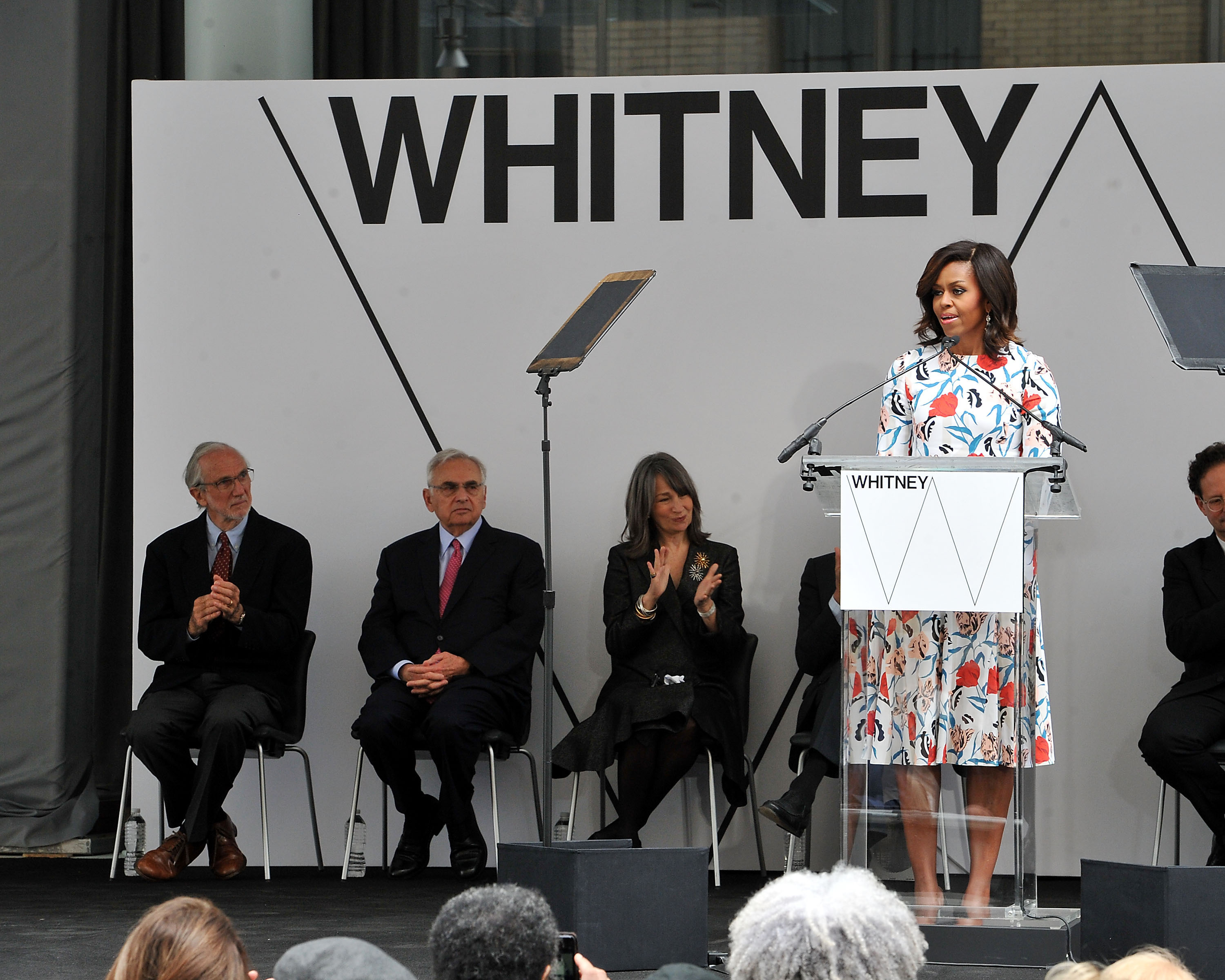 From left: Renzo Piano, Neil Bluhm, Brooke Garber Neidich and First Lady Michelle Obama attend the Whitney Museum Of American Art Ribbon Cutting Ceremony at The Whitney Museum of American Art in New York City on April 30, 2015.