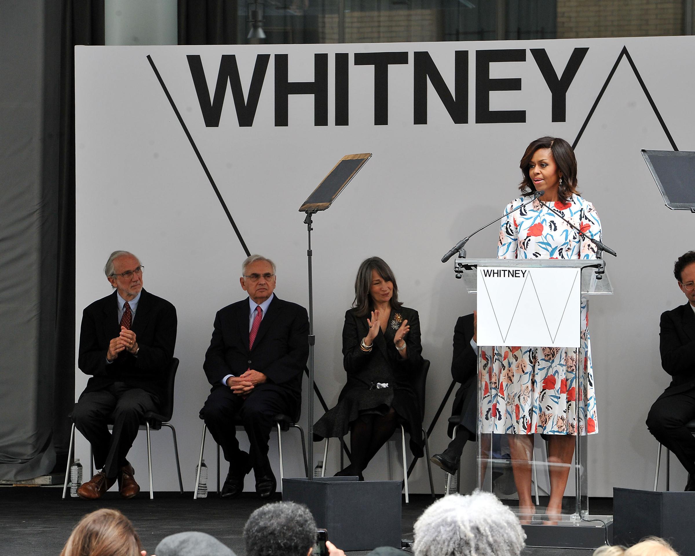 NEW YORK, NY - APRIL 30: (L-R) Renzo Piano, Neil Bluhm, Brooke Garber Neidich and First Lady Michelle Obama attend the Whitney Museum Of American Art Ribbon Cutting Ceremony at The Whitney Museum of American Art on April 30, 2015 in New York City. (Photo by Ben Gabbe/Getty Images)