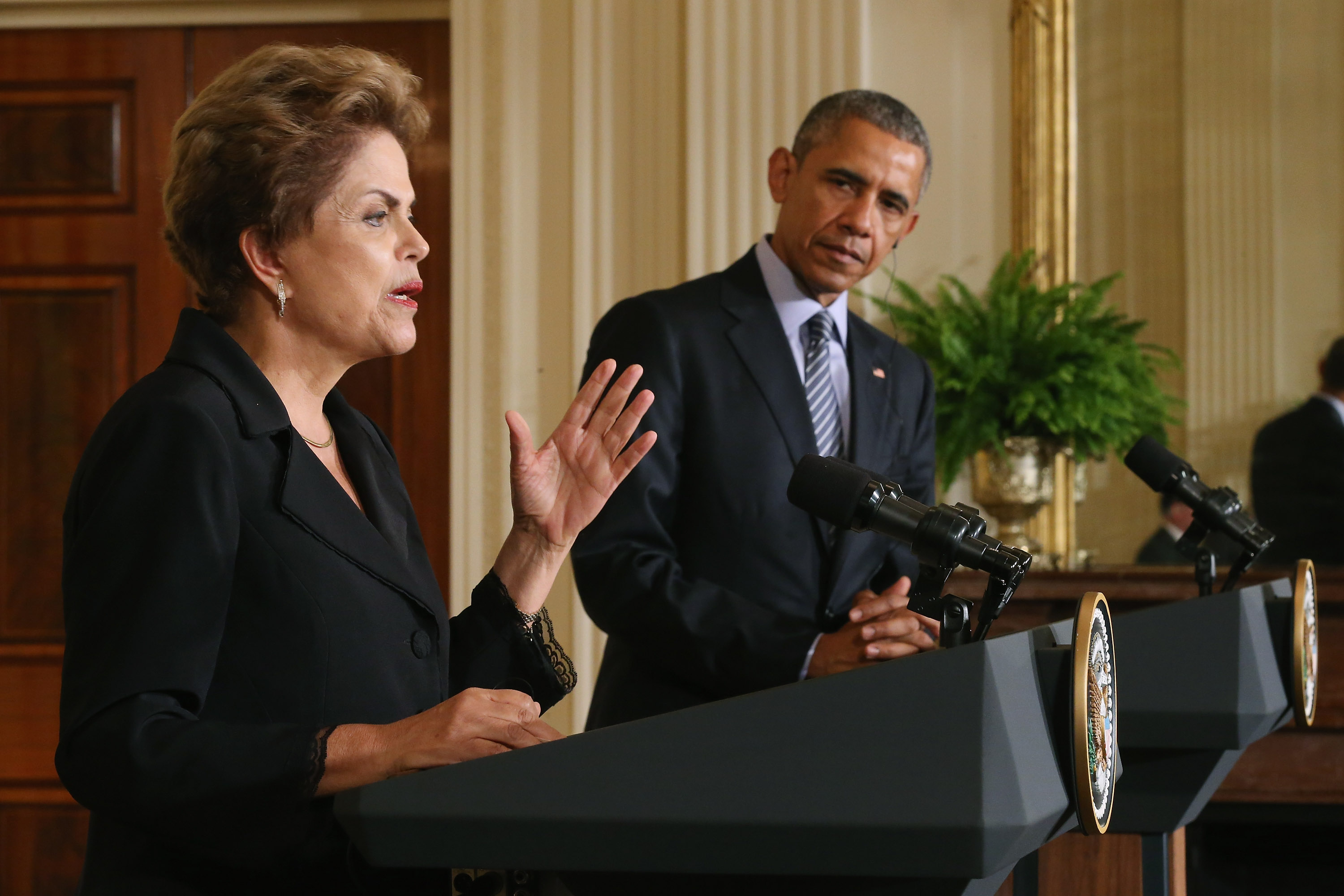 Brazilian President Dilma Rousseff and U.S. President Barack Obama hold a news conference at the White House June 30, 2015. (Chip Somodevilla—Getty Images)