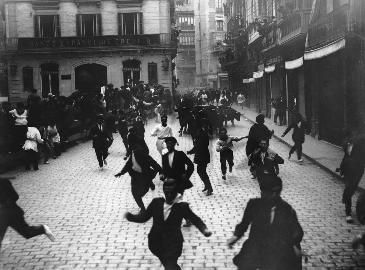 The Festival of San Fermin in Pamplona, known as 'the running of the bulls' or 'el encierro', circa 1930 (FPG / Getty Images)