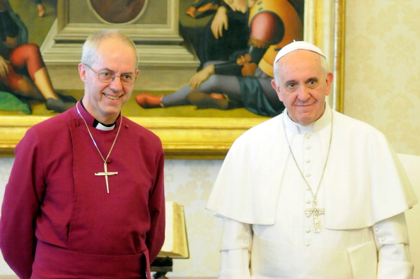 Pope Francis meets Archbishop of Canterbury Justin Welby at his private library on June 14, 2013 in Vatican City, Vatican.