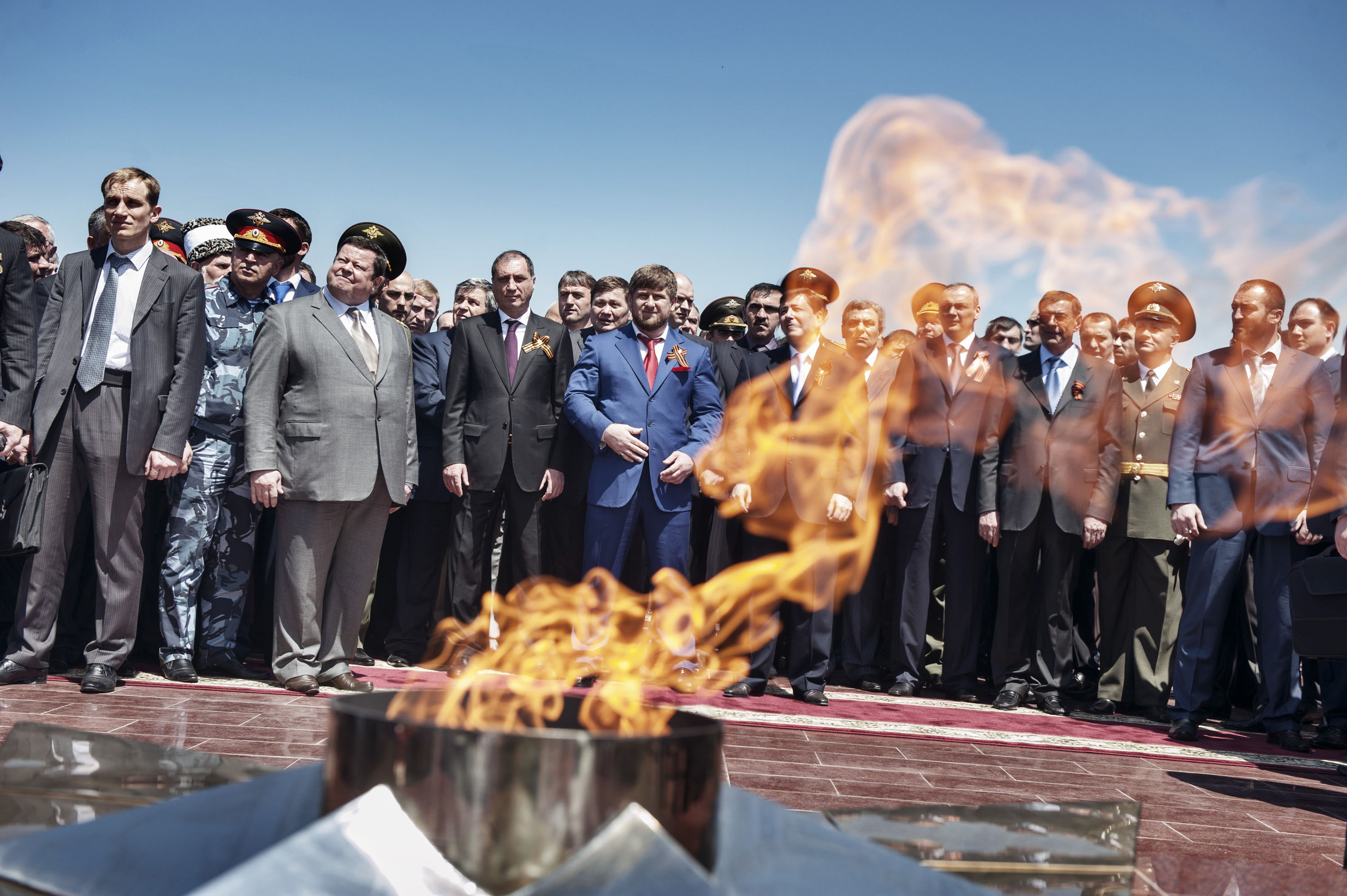 Kadyrov, center, stands with Chechen and Russian officials at a ceremony in Grozny in 2010 commemorating the Soviet victory in World War II. (Yuri Kozyrev—NOOR for TIME)