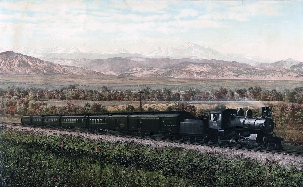Photomechanical print of the Chicago Special, Burlington Route, a Class I railroad that operated in the Midwestern United States. Commonly referred to as the Burlington or Q. Photographed by William Henry Jackson ( 1843-1942). Dated 1900.