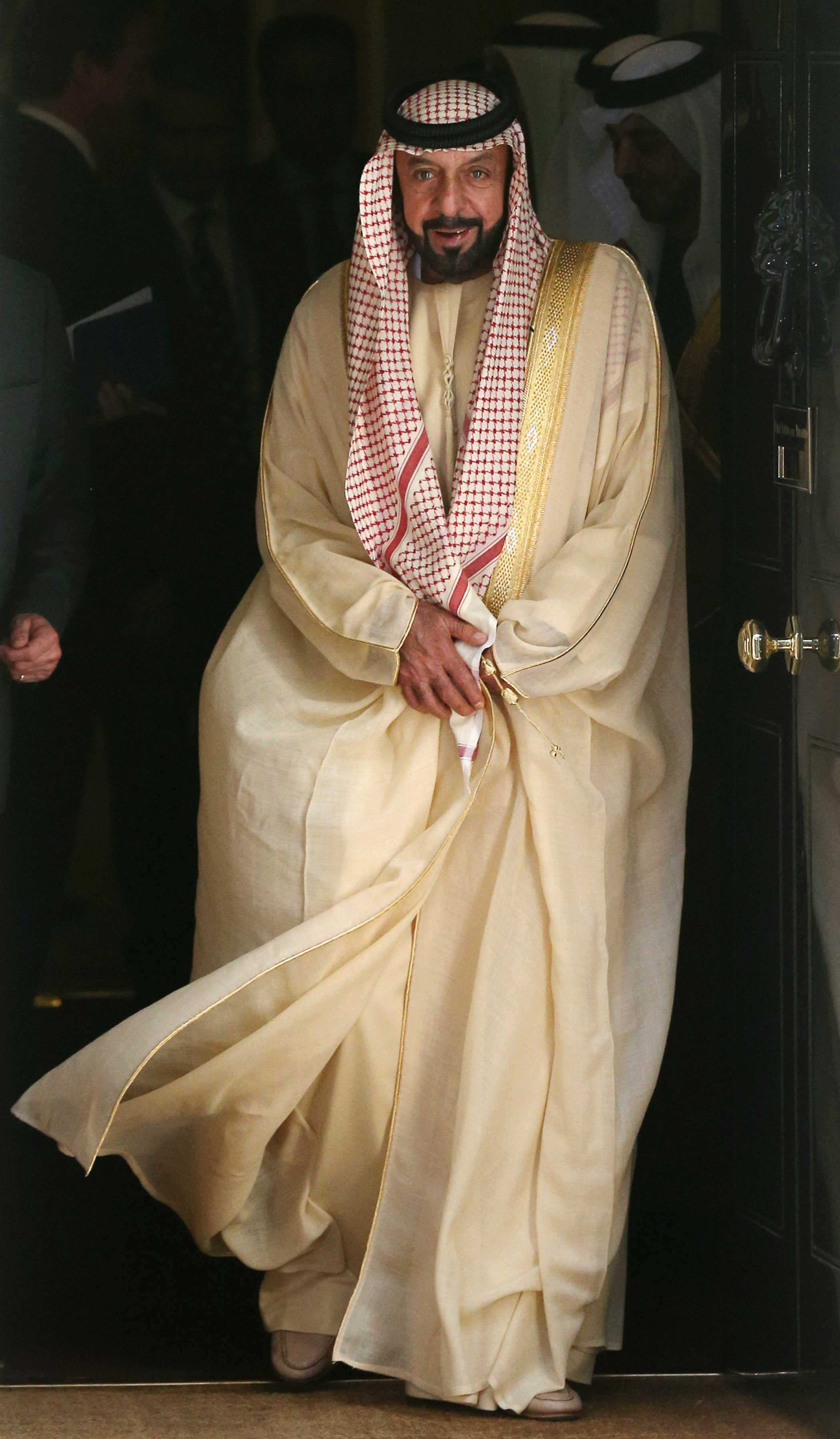 President of the United Arab Emirates, His Highness Sheikh Khalifa bin Zayed Al Nahyan, leaves 10 Downing Street after meeting with British Prime Minister David Cameron on May 1, 2013 in London.