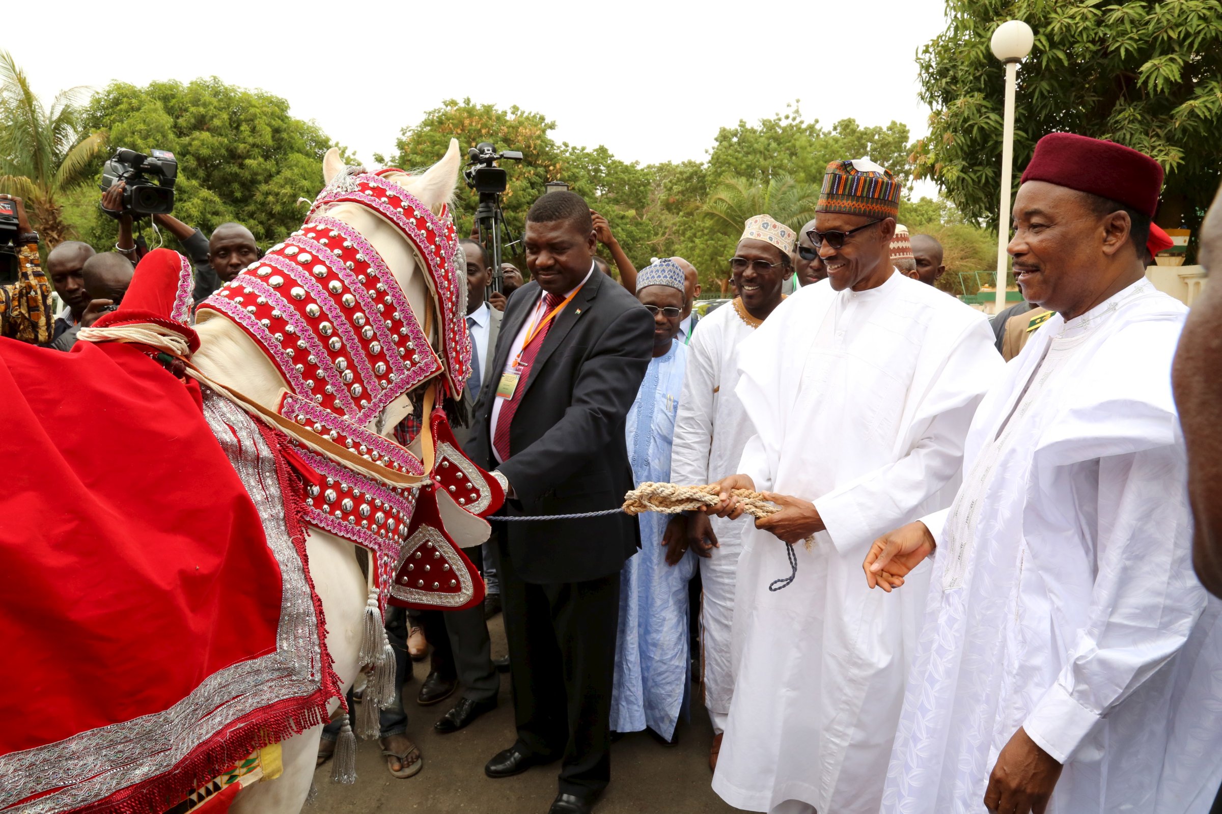 Niger's President Mahamadou Issoufou  and Nigerian President Muhammadu Buhari observe a horse wearing a ceremonial outfit in Niamey
